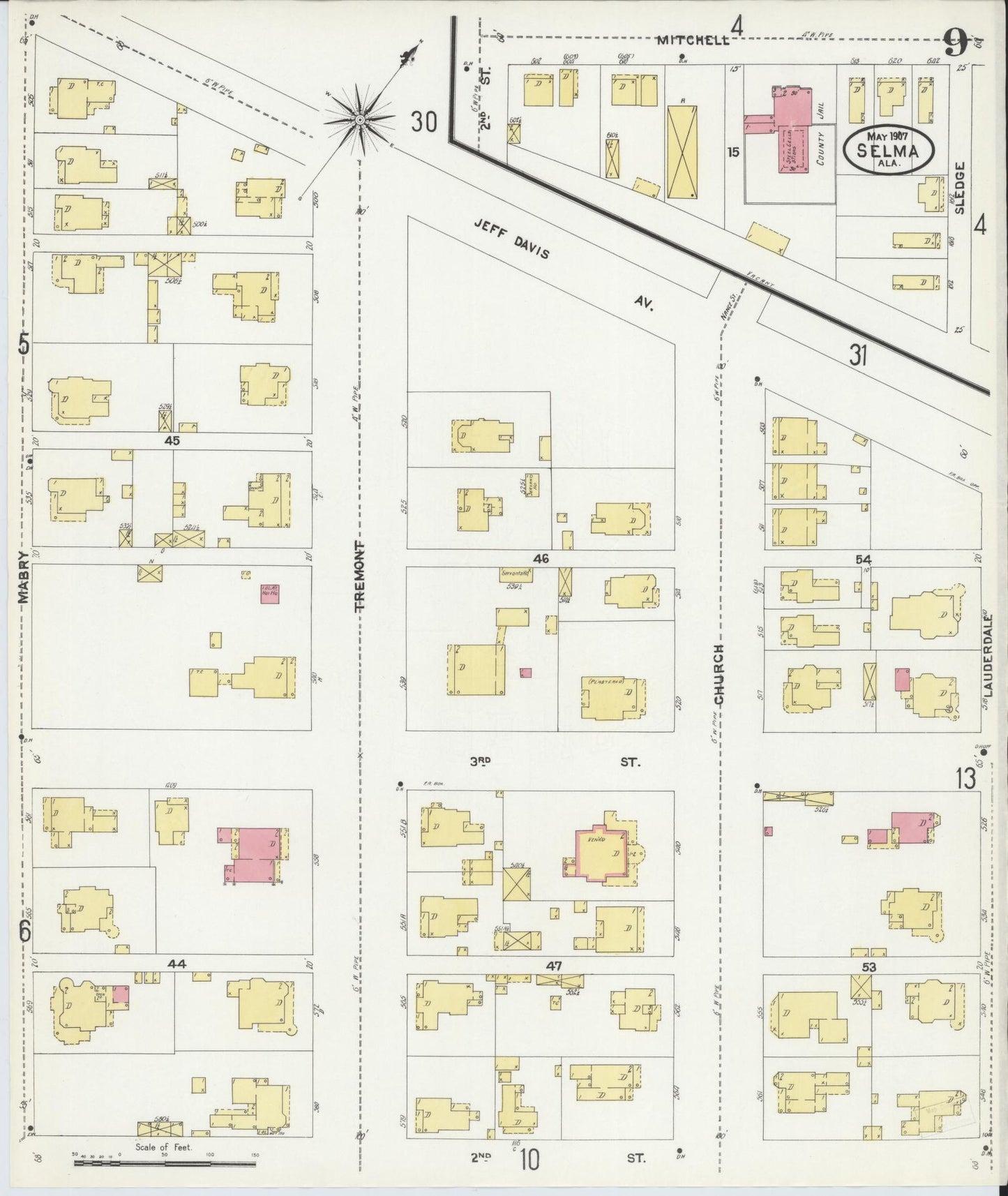Sanborn Fire Insurance Map from Selma, Dallas County, Alabama (1907), Sheet #0009 - Complete Map Set gallery image, historic Sanborn map, vintage wall art, Alabama Alabama