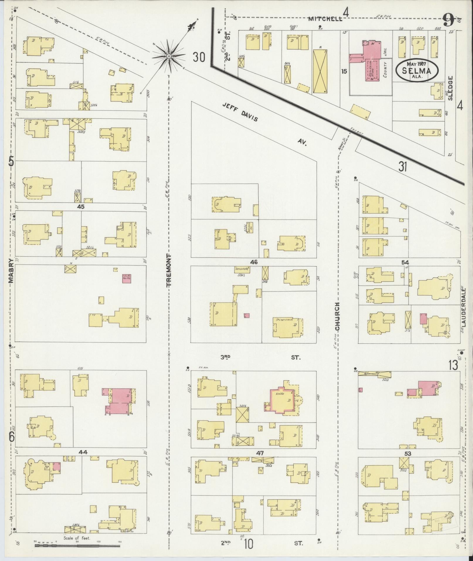 Sanborn Fire Insurance Map from Selma, Dallas County, Alabama (1907), Sheet #0009 - Complete Map Set gallery image, historic Sanborn map, vintage wall art, Alabama Alabama