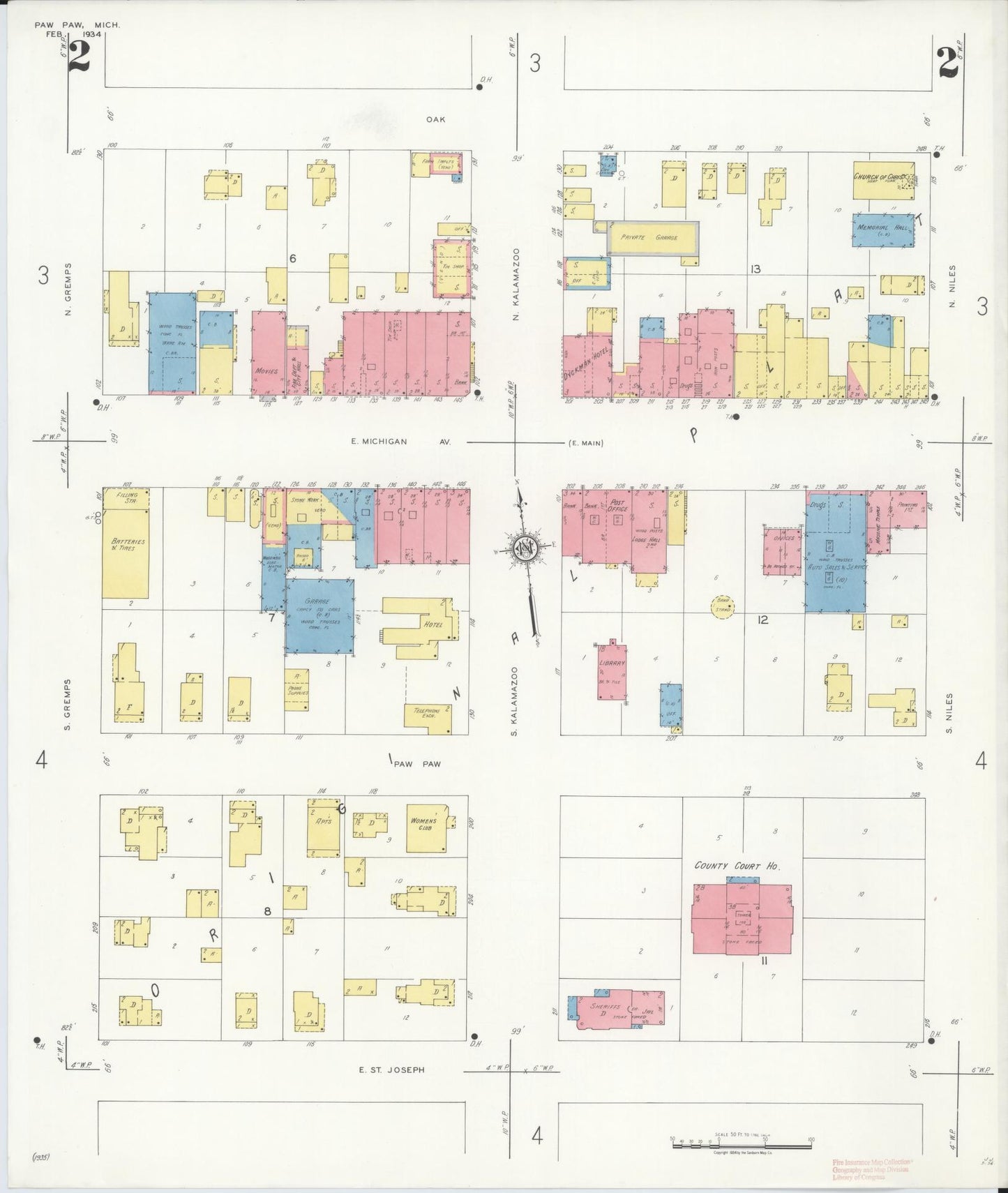 Sanborn Fire Insurance Map from Paw Paw, Van Buren County, Michigan (1934), Sheet #0002 - Complete Map Set gallery image, historic Sanborn map, vintage wall art, Michigan Michigan