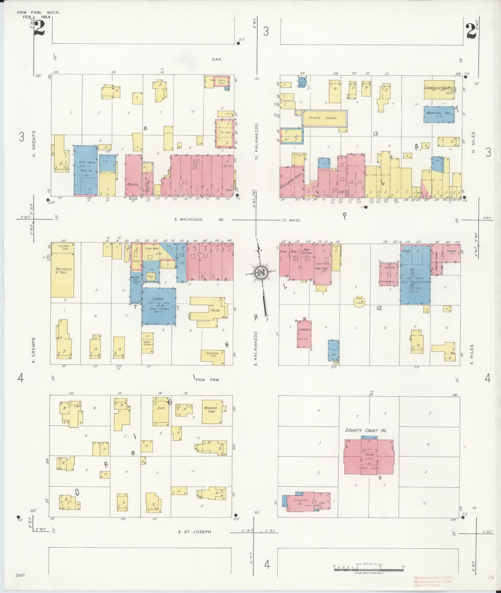 Sanborn Fire Insurance Map from Paw Paw, Van Buren County, Michigan (1934), Sheet #0002 - Complete Map Set gallery image, historic Sanborn map, vintage wall art, Michigan Michigan