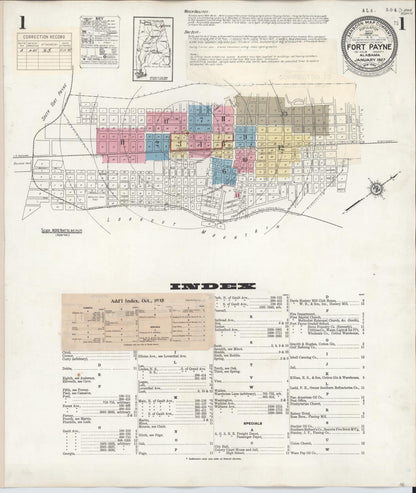 Sanborn Fire Insurance Map from Fort Payne, Dekalb County, Alabama (1935), Sheet #0001 - Complete Map Set gallery image, historic Sanborn map, vintage wall art, Alabama Alabama