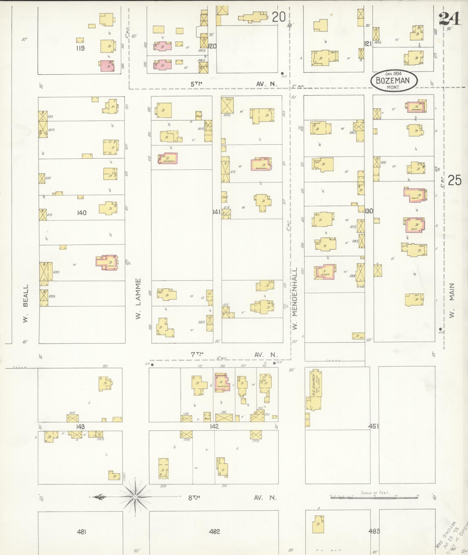 Sanborn Fire Insurance Map from Bozeman, Gallatin County, Montana (1904), Sheet #0024 - Historic Sanborn Fire Insurance Map Print, vintage old map wall art, antique decor, genealogy gift, Montana Montana map