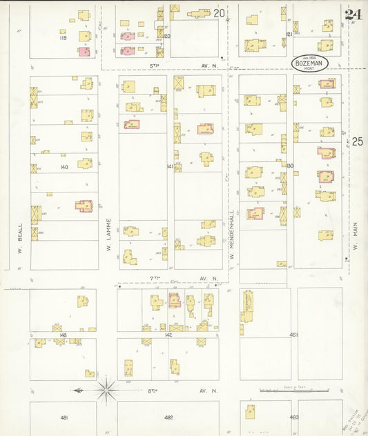 Sanborn Fire Insurance Map from Bozeman, Gallatin County, Montana (1904), Sheet #0024 - Historic Sanborn Fire Insurance Map Print, vintage old map wall art, antique decor, genealogy gift, Montana Montana map