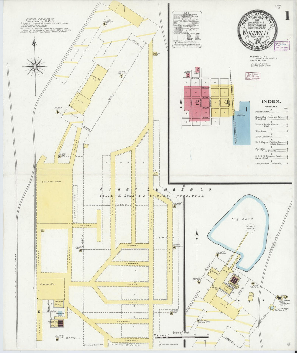 Sanborn Fire Insurance Map from Woodville, Tyler County, Texas (1909), Sheet #0001 - Historic Sanborn Fire Insurance Map Print, vintage old map wall art, antique decor, genealogy gift, Texas Texas map
