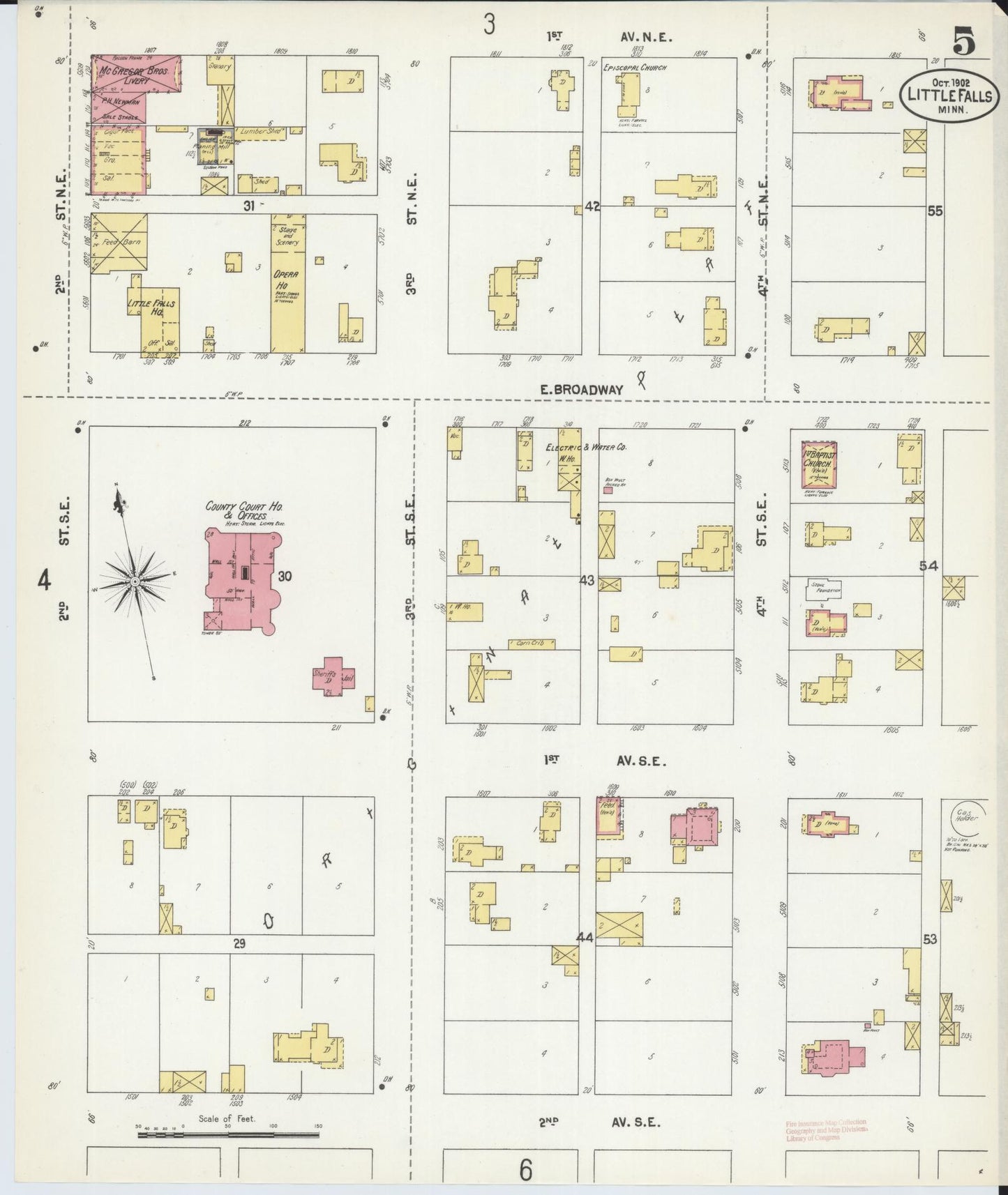 Sanborn Fire Insurance Map from Little Falls, Morrison County, Minnesota (1902), Sheet #0005 - Historic Sanborn Fire Insurance Map Print, vintage old map wall art, antique decor, genealogy gift, Minnesota Minnesota map