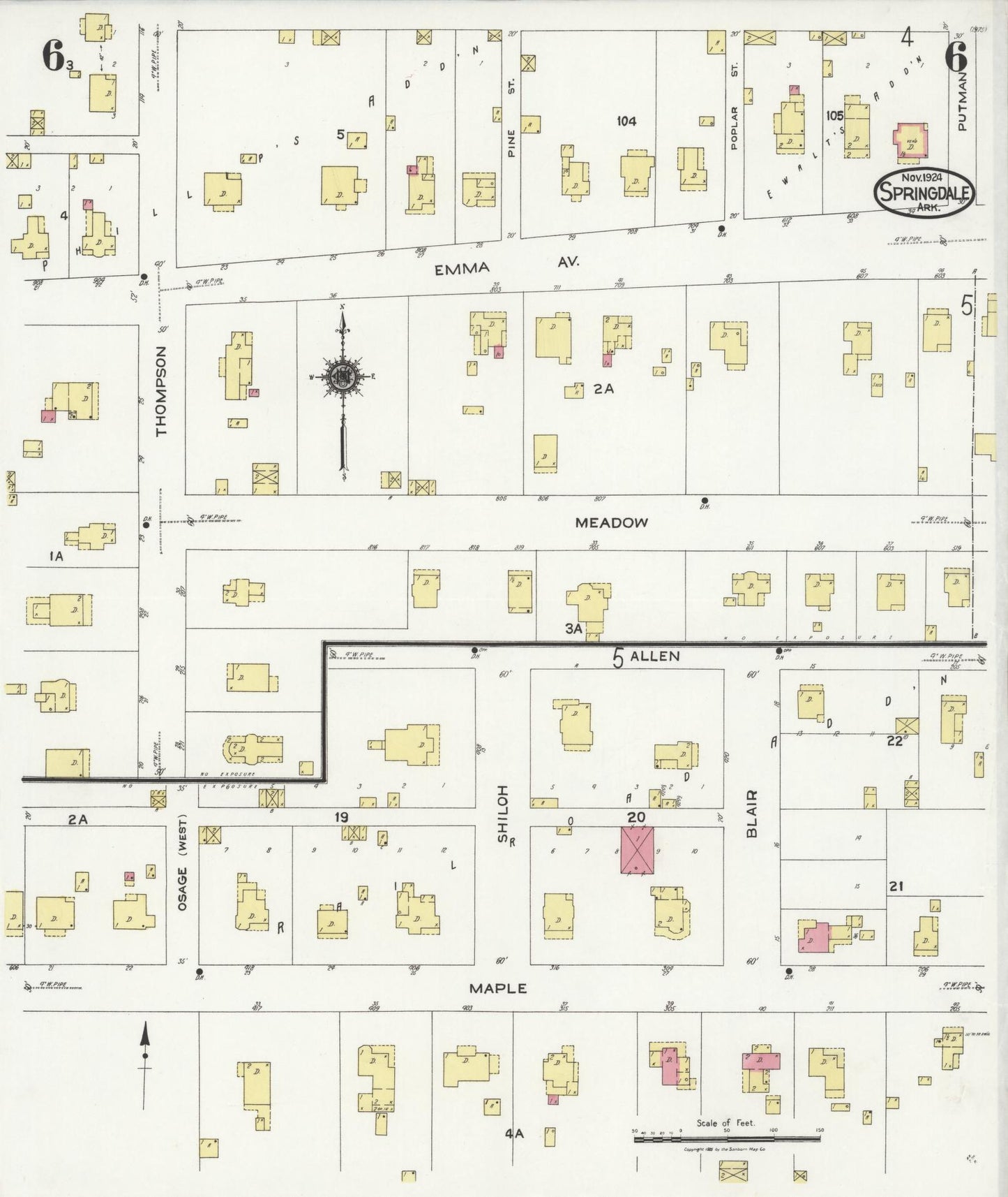 Sanborn Fire Insurance Map from Springdale, Washington County, Arkansas (1924), Sheet #0006 - Complete Map Set gallery image, historic Sanborn map, vintage wall art, Arkansas Arkansas