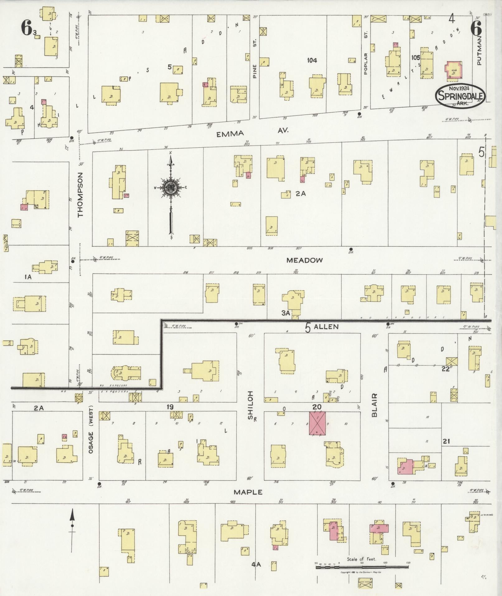 Sanborn Fire Insurance Map from Springdale, Washington County, Arkansas (1924), Sheet #0006 - Complete Map Set gallery image, historic Sanborn map, vintage wall art, Arkansas Arkansas