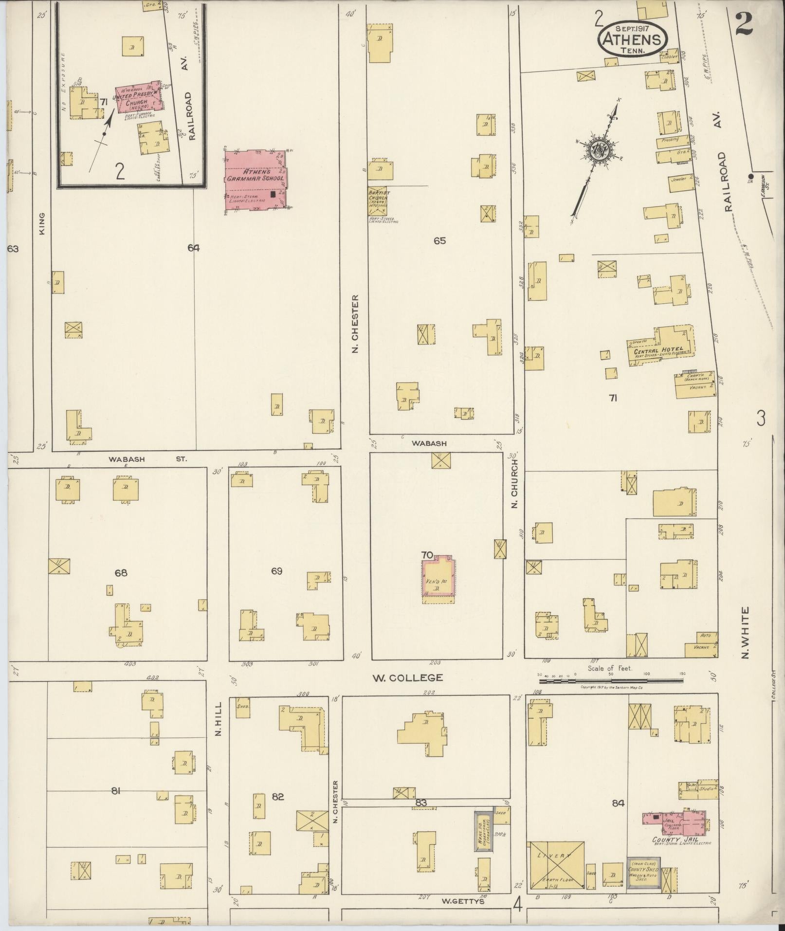 Sanborn Fire Insurance Map from Athens, McMinn County, Tennessee (1917), Sheet #0002 - Historic Sanborn Fire Insurance Map Print, vintage old map wall art, antique decor, genealogy gift, Tennessee Tennessee map