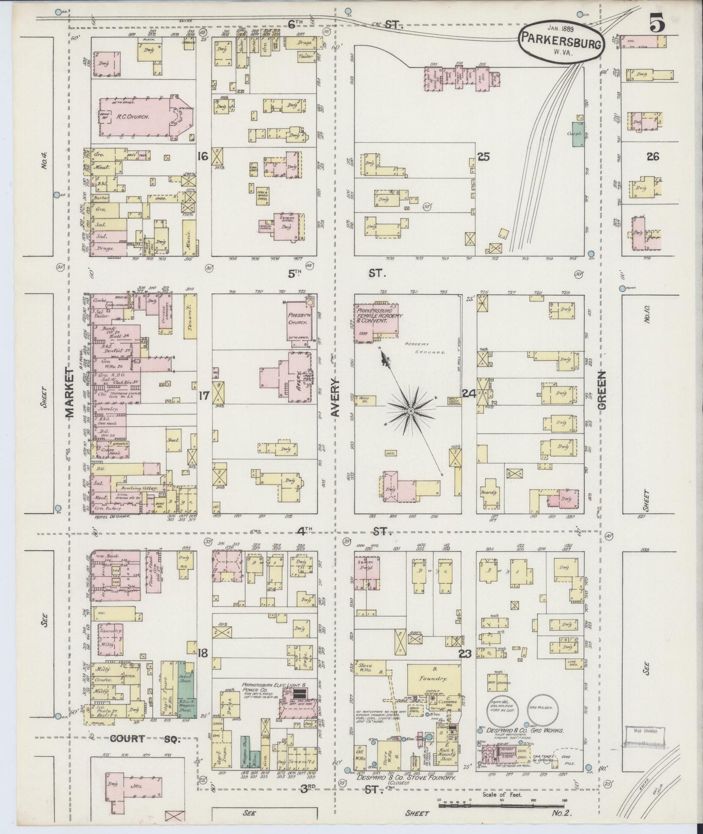 Sanborn Fire Insurance Map from Parkersburg, Wood County, West Virginia (1889), Sheet #0005 - Complete Map Set gallery image, historic Sanborn map, vintage wall art, West Virginia West Virginia