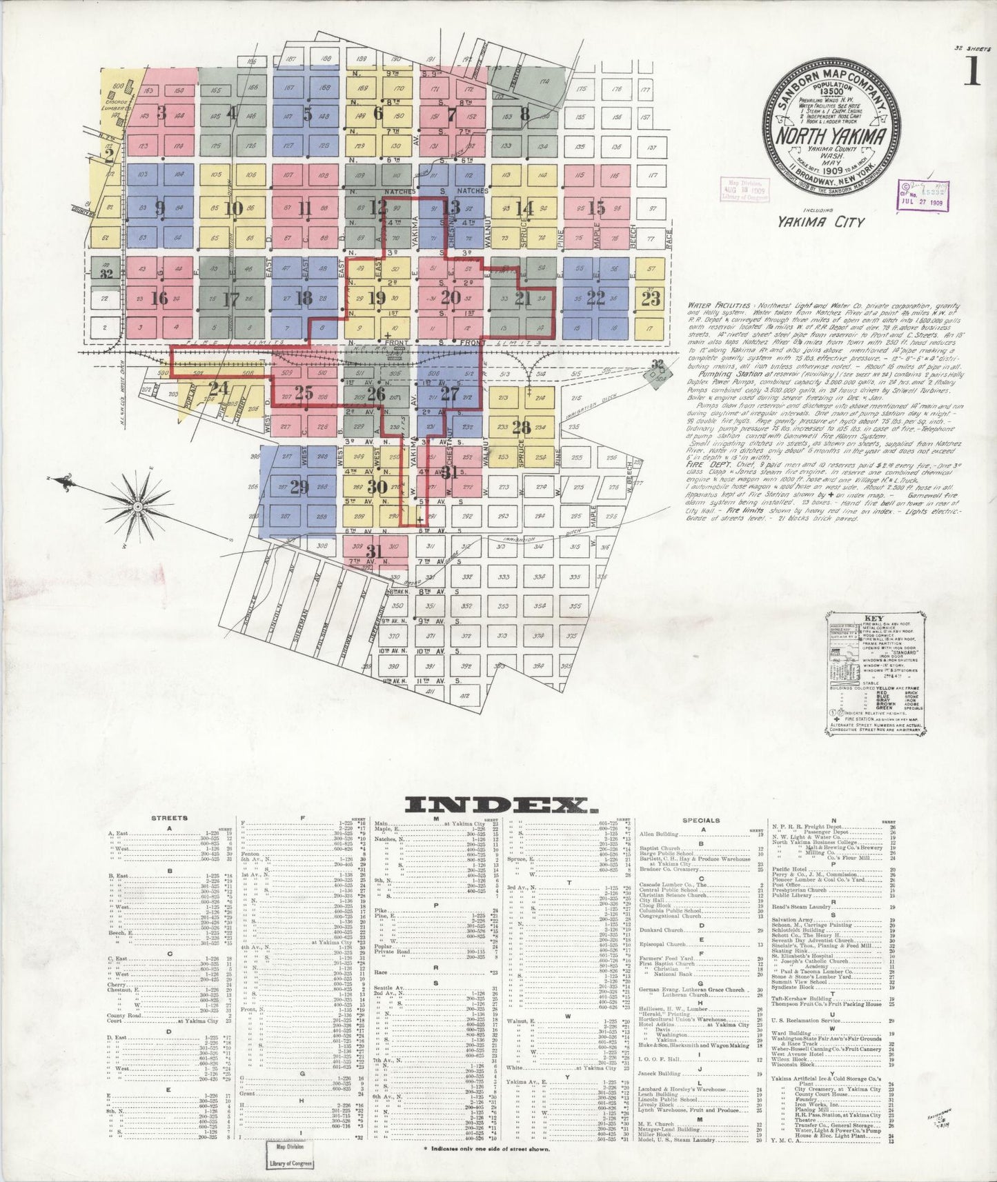 Sanborn Fire Insurance Map from North Yakima, Yakima County, Washington (1909), Sheet #0001 - Complete Map Set gallery image, historic Sanborn map, vintage wall art, Washington Washington
