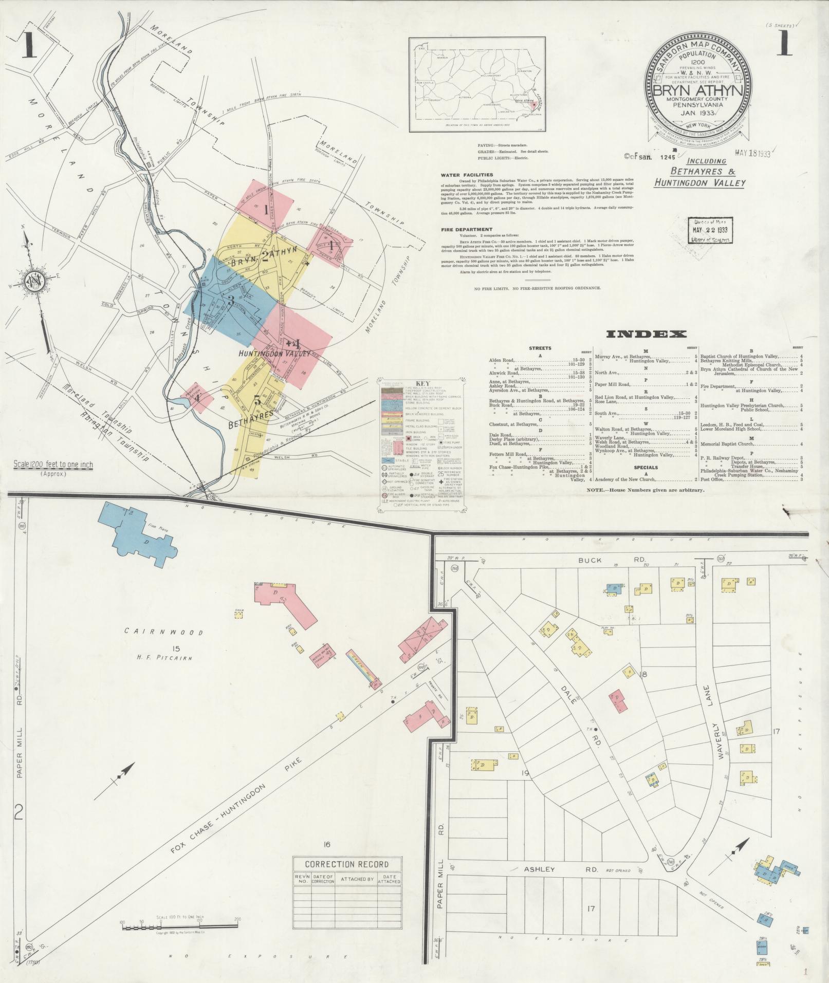 Sanborn Fire Insurance Map from Bryn Athyn, Montgomery County, Pennsylvania (1933), Sheet #0001 - Historic Sanborn Fire Insurance Map Print, vintage old map wall art, antique decor, genealogy gift, Pennsylvania Pennsylvania map