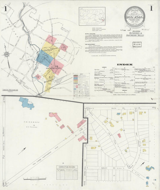 Sanborn Fire Insurance Map from Bryn Athyn, Montgomery County, Pennsylvania (1933), Sheet #0001 - Historic Sanborn Fire Insurance Map Print, vintage old map wall art, antique decor, genealogy gift, Pennsylvania Pennsylvania map