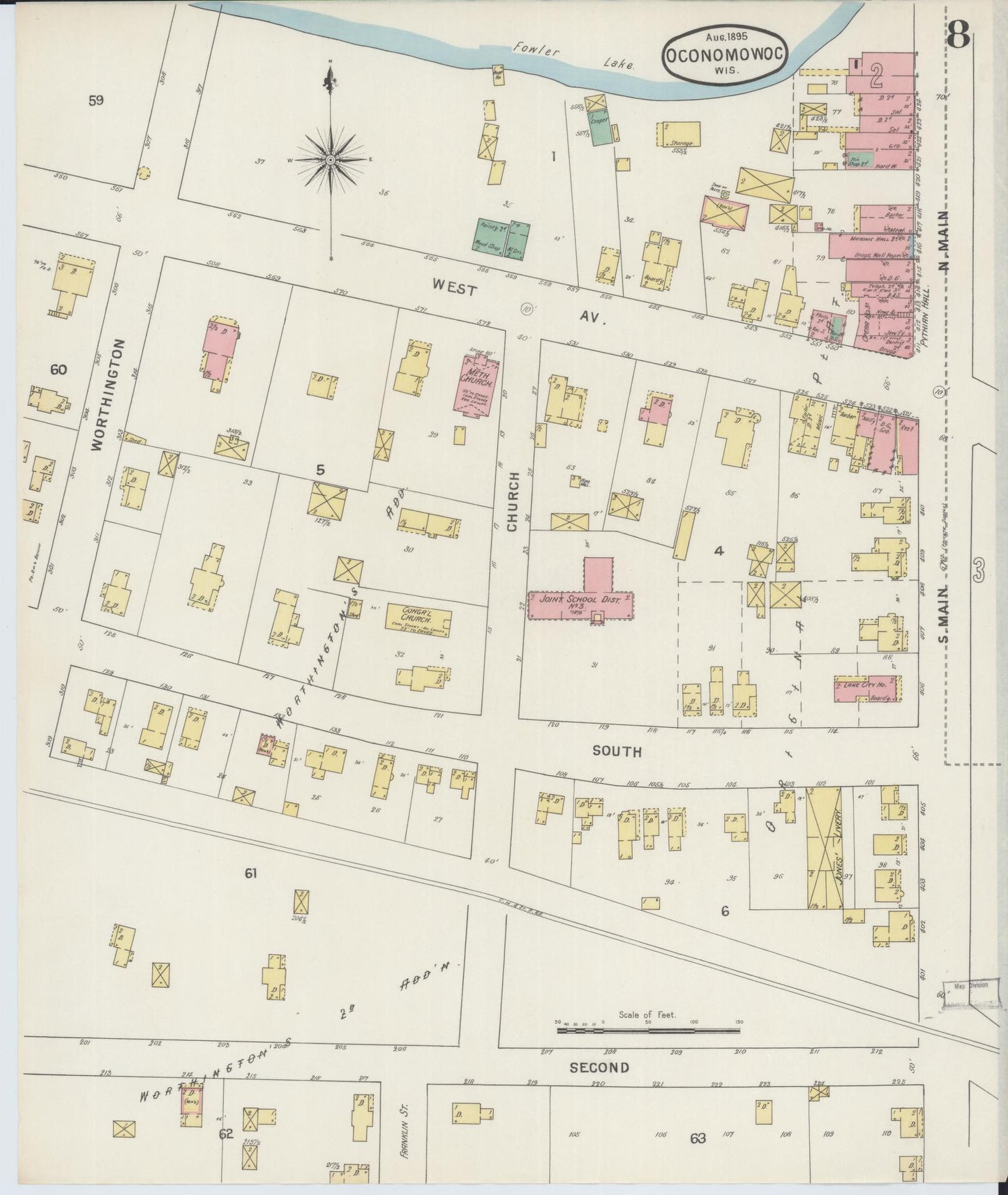 Sanborn Fire Insurance Map from Oconomowoc, Waukesha County, Wisconsin (1895), Sheet #0008 - Complete Map Set gallery image, historic Sanborn map, vintage wall art, Wisconsin Wisconsin