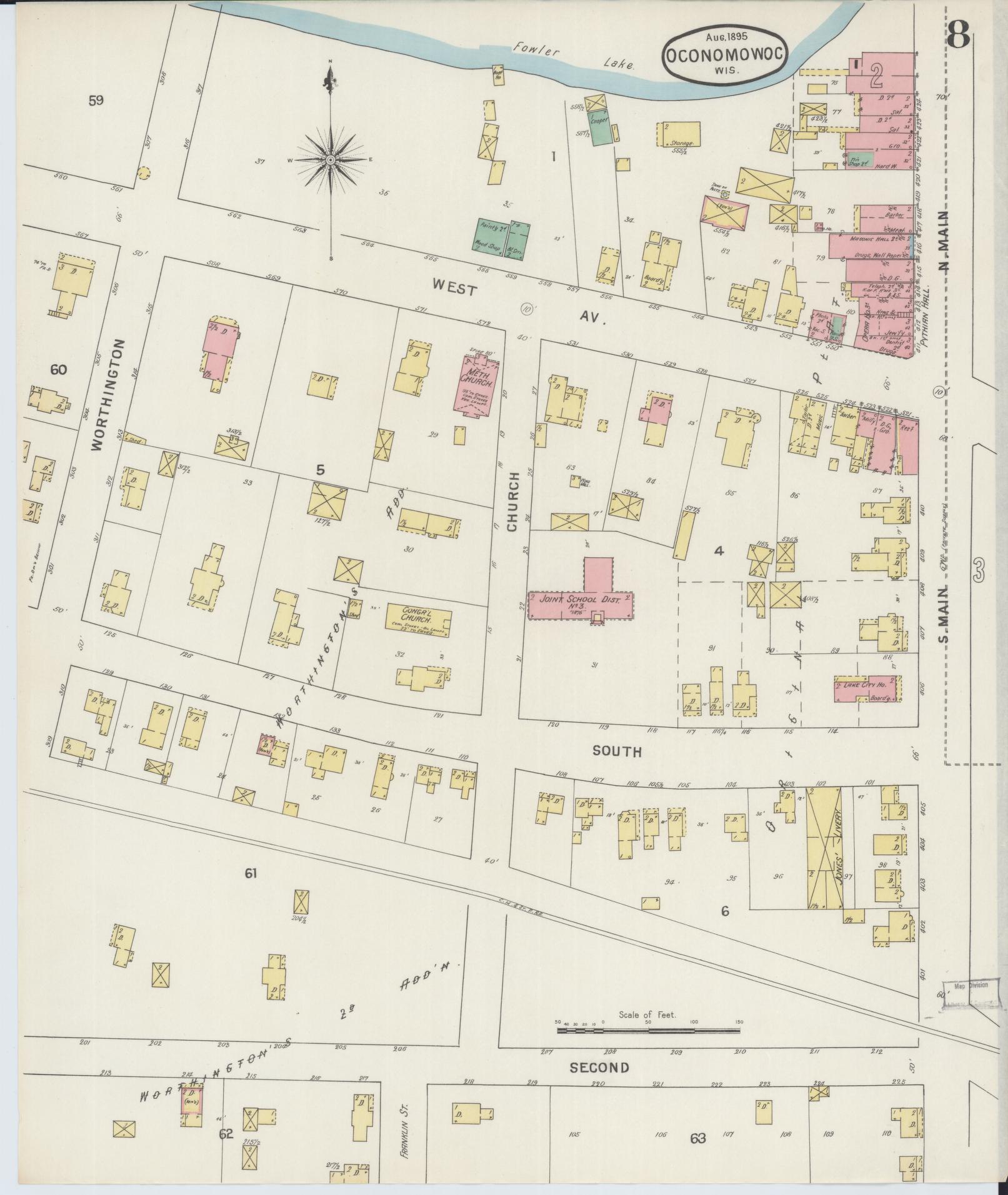 Sanborn Fire Insurance Map from Oconomowoc, Waukesha County, Wisconsin (1895), Sheet #0008 - Complete Map Set gallery image, historic Sanborn map, vintage wall art, Wisconsin Wisconsin