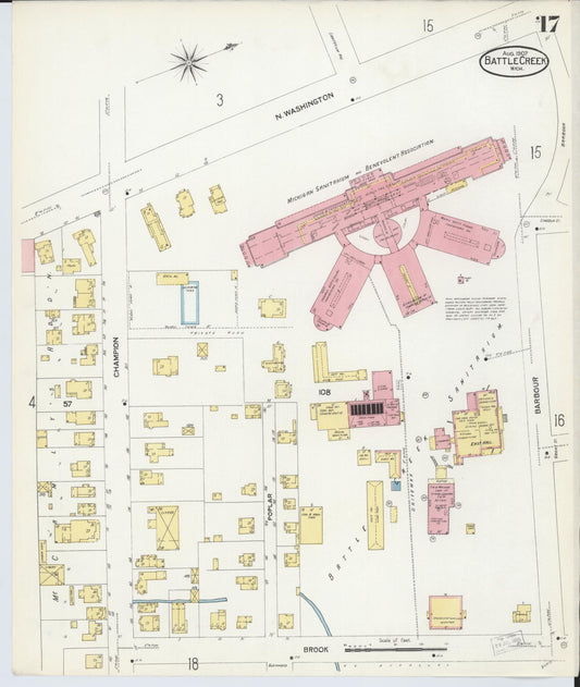 Sanborn Fire Insurance Map from Battle Creek, Calhoun County, Michigan (1907), Sheet #0017 - Historic Sanborn Fire Insurance Map Print, vintage old map wall art, antique decor, genealogy gift, Michigan Michigan map