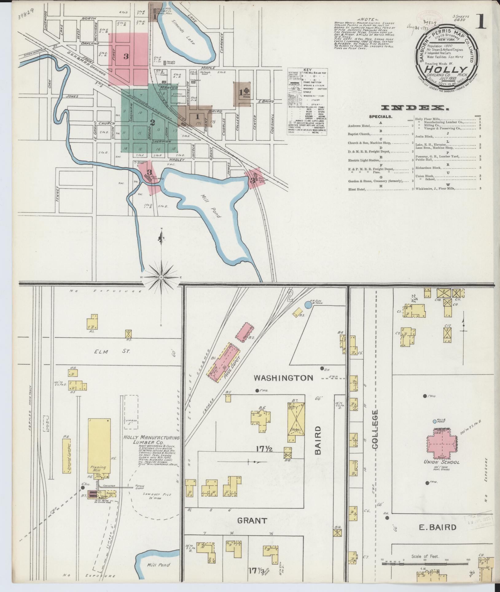 Sanborn Fire Insurance Map from Holly, Oakland County, Michigan (1893), Sheet #0001 - Complete Map Set gallery image, historic Sanborn map, vintage wall art, Michigan Michigan