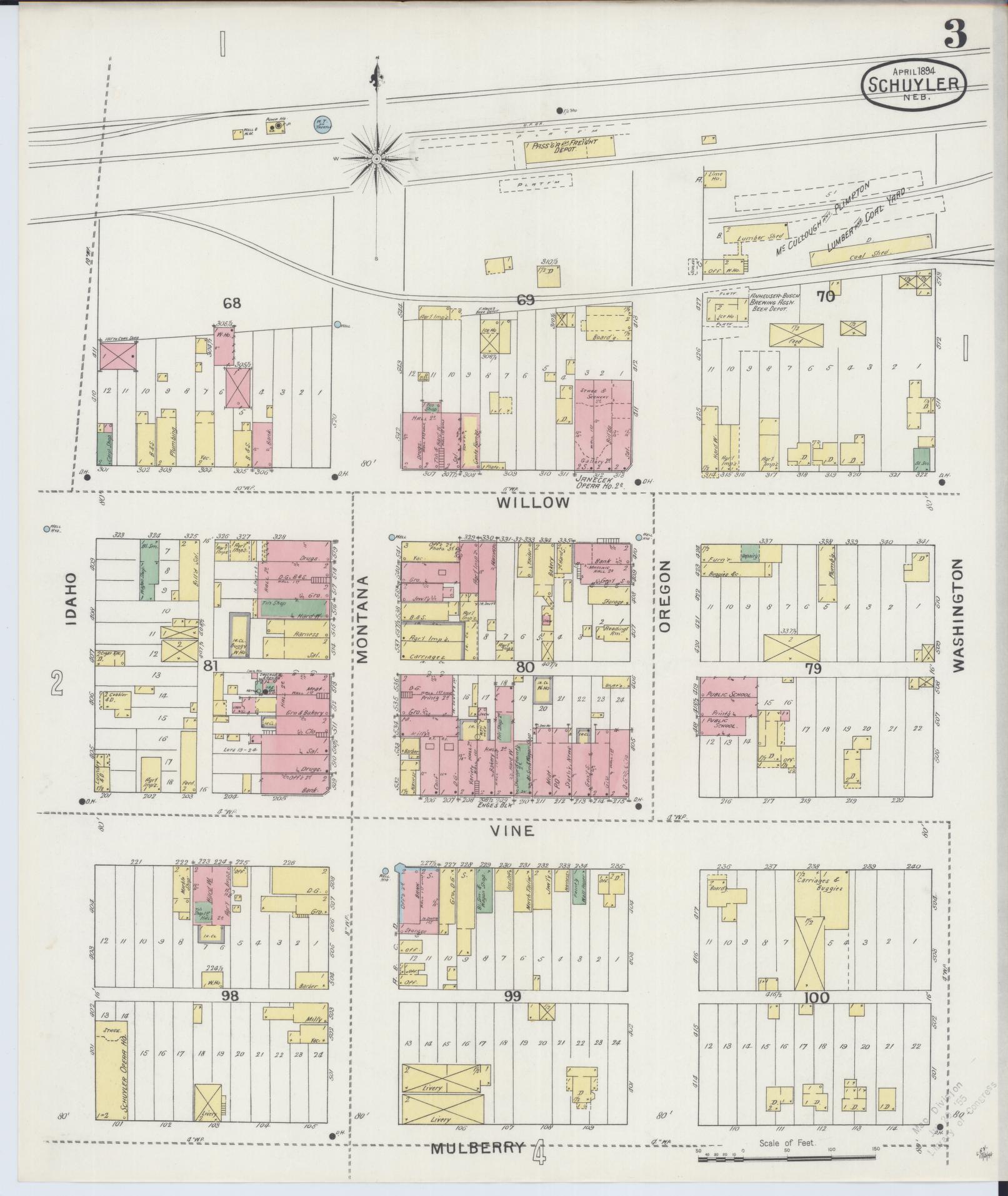 Sanborn Fire Insurance Map from Schuyler, Colfax County, Nebraska (1894), Sheet #0003 - Complete Map Set gallery image, historic Sanborn map, vintage wall art, Nebraska Nebraska
