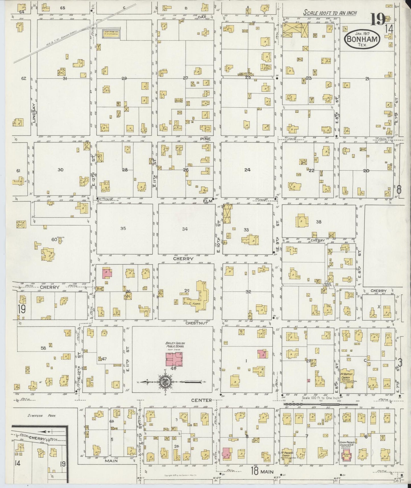Sanborn Fire Insurance Map from Bonham, Fannin County, Texas (1917), Sheet #0019 - Historic Sanborn Fire Insurance Map Print, vintage old map wall art, antique decor, genealogy gift, Texas Texas map