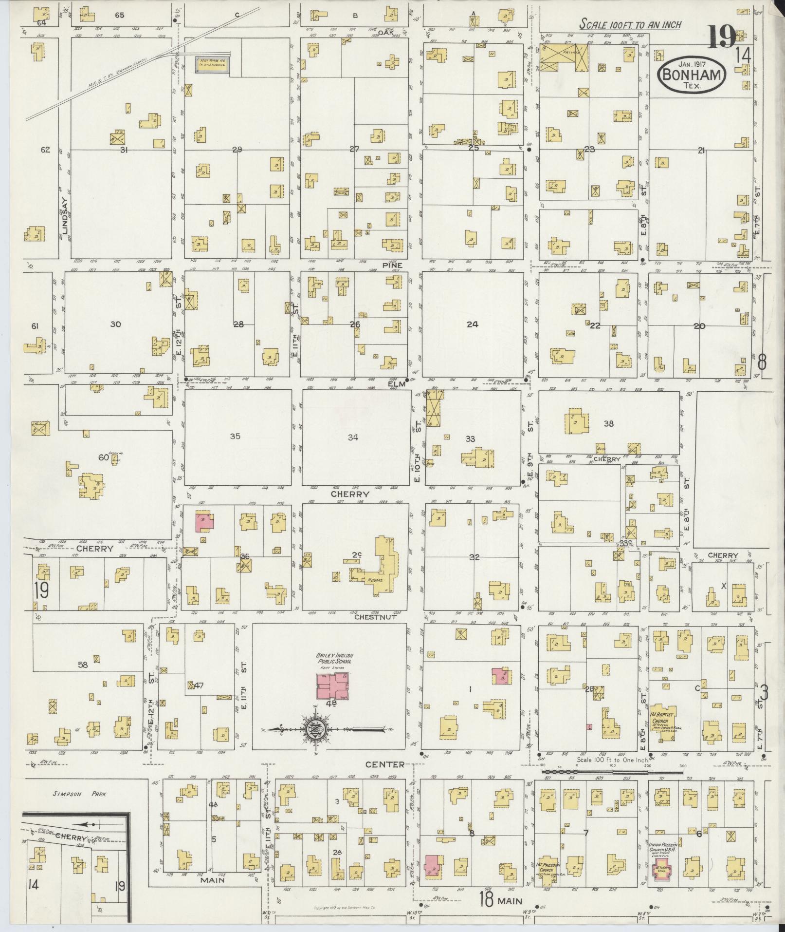 Sanborn Fire Insurance Map from Bonham, Fannin County, Texas (1917), Sheet #0019 - Historic Sanborn Fire Insurance Map Print, vintage old map wall art, antique decor, genealogy gift, Texas Texas map