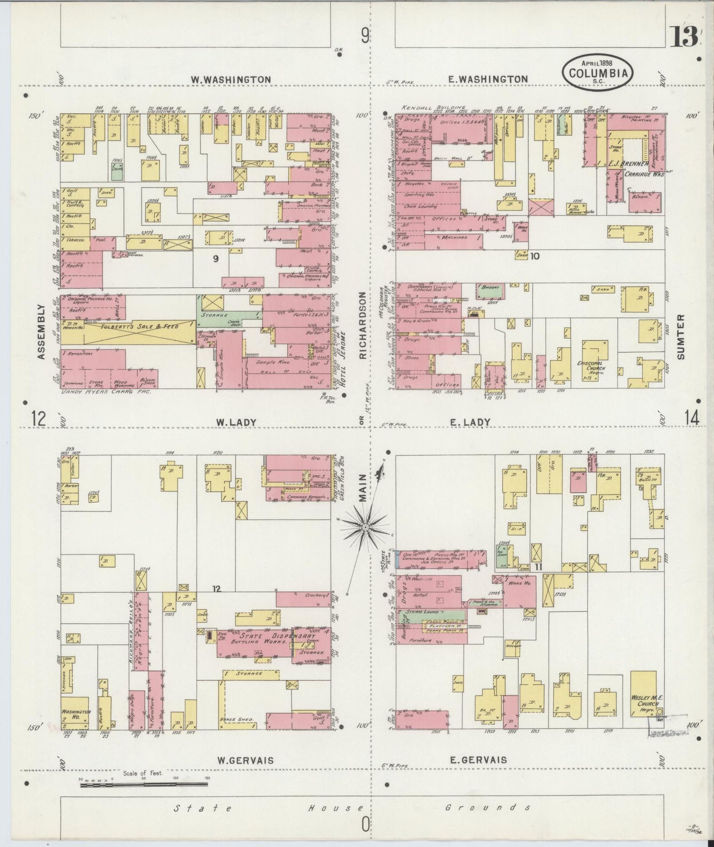 Sanborn Fire Insurance Map from Columbia, Richland County, South Carolina (1898), Sheet #0013 - Complete Map Set gallery image, historic Sanborn map, vintage wall art, South Carolina South Carolina