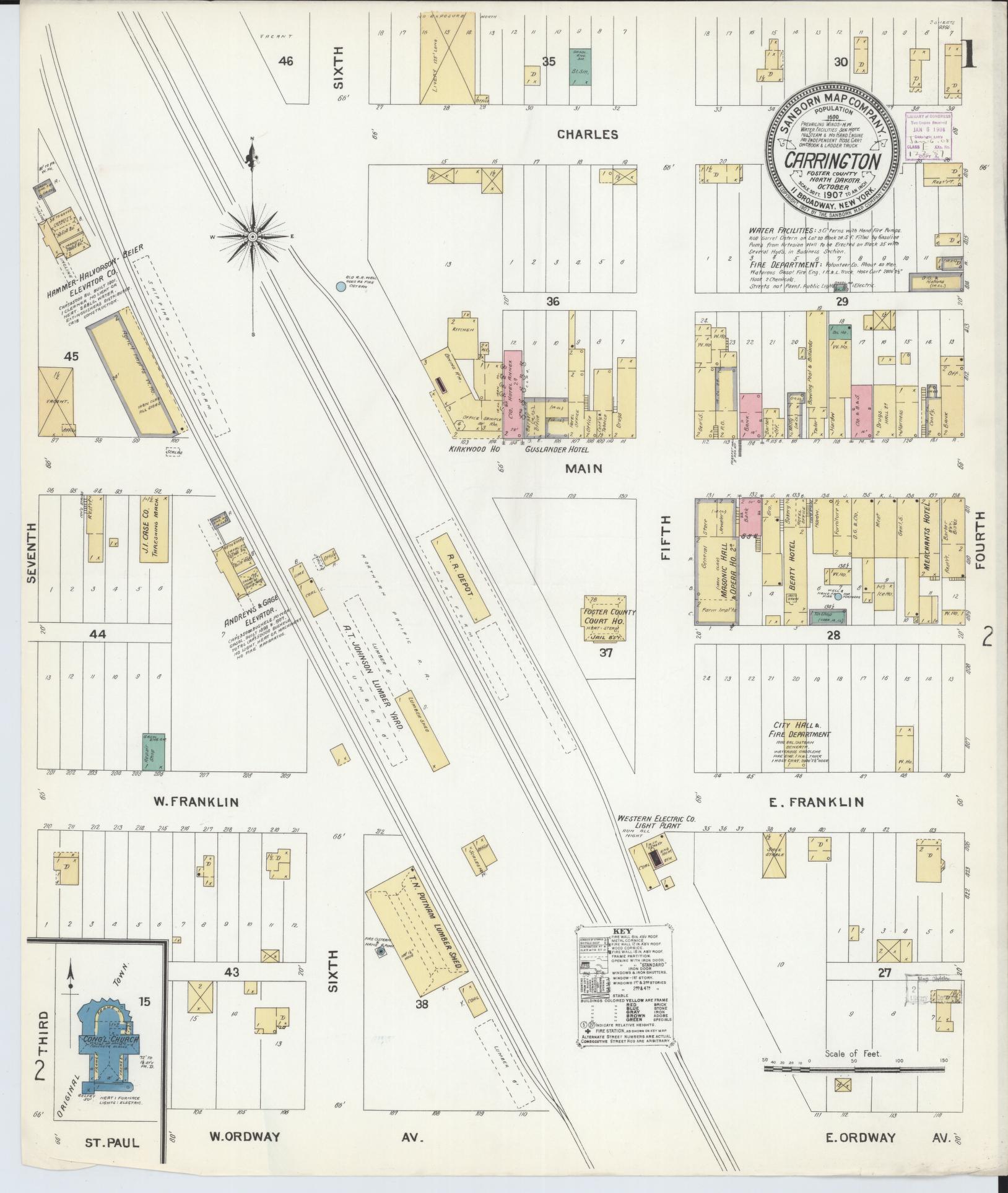Sanborn Fire Insurance Map from Carrington, Foster County, North Dakota (1907), Sheet #0001 - Complete Map Set gallery image, historic Sanborn map, vintage wall art, North Dakota North Dakota