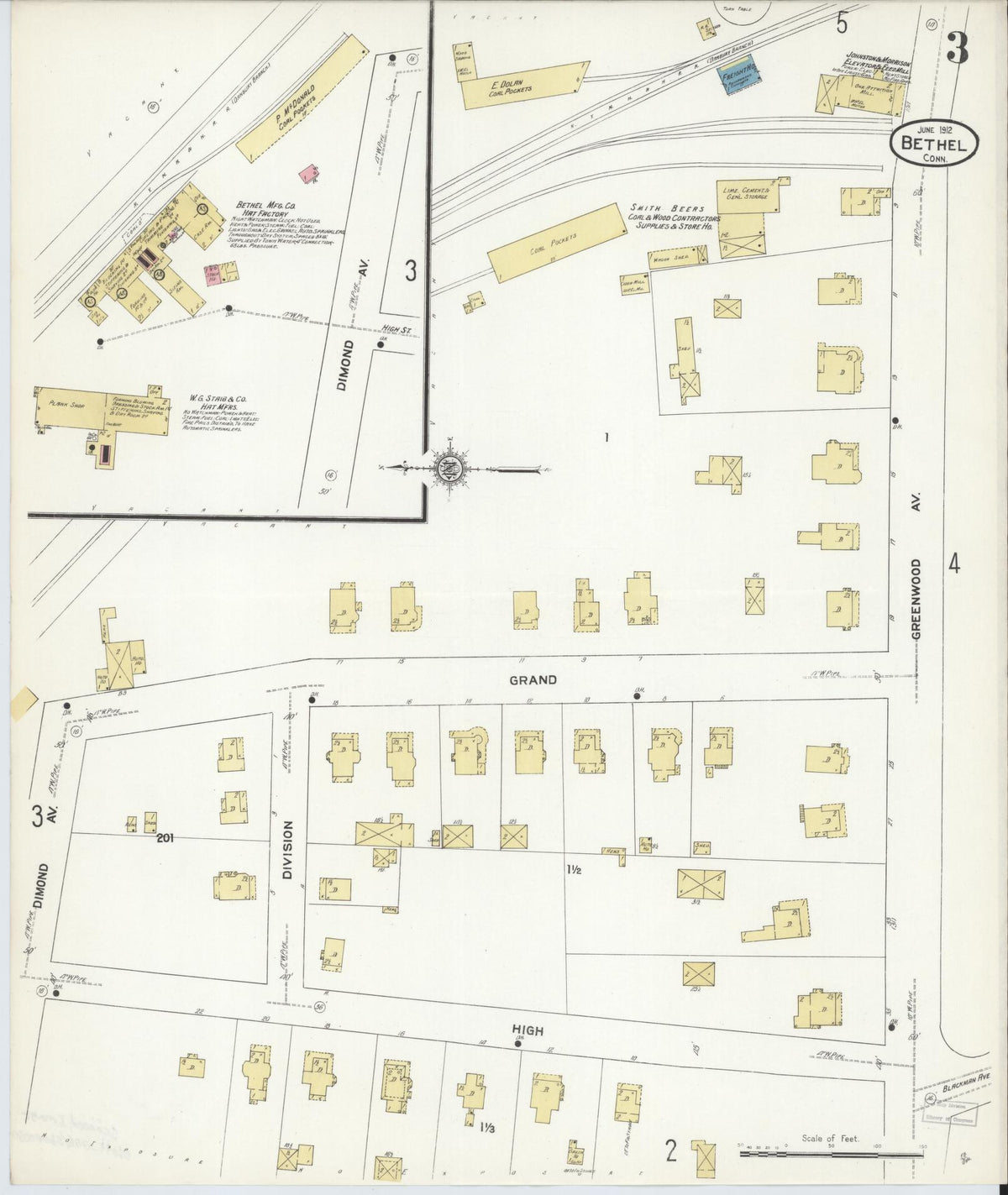 Sanborn Fire Insurance Map from Bethel, Fairfield County, Connecticut (1912), Sheet #0003 - Historic Sanborn Fire Insurance Map Print, vintage old map wall art, antique decor, genealogy gift, Connecticut Connecticut map