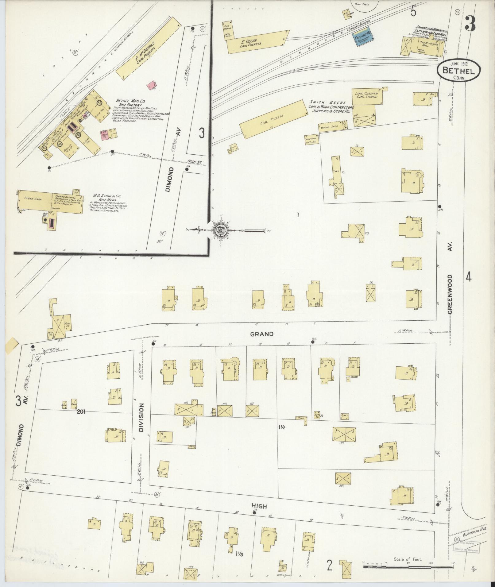 Sanborn Fire Insurance Map from Bethel, Fairfield County, Connecticut (1912), Sheet #0003 - Historic Sanborn Fire Insurance Map Print, vintage old map wall art, antique decor, genealogy gift, Connecticut Connecticut map