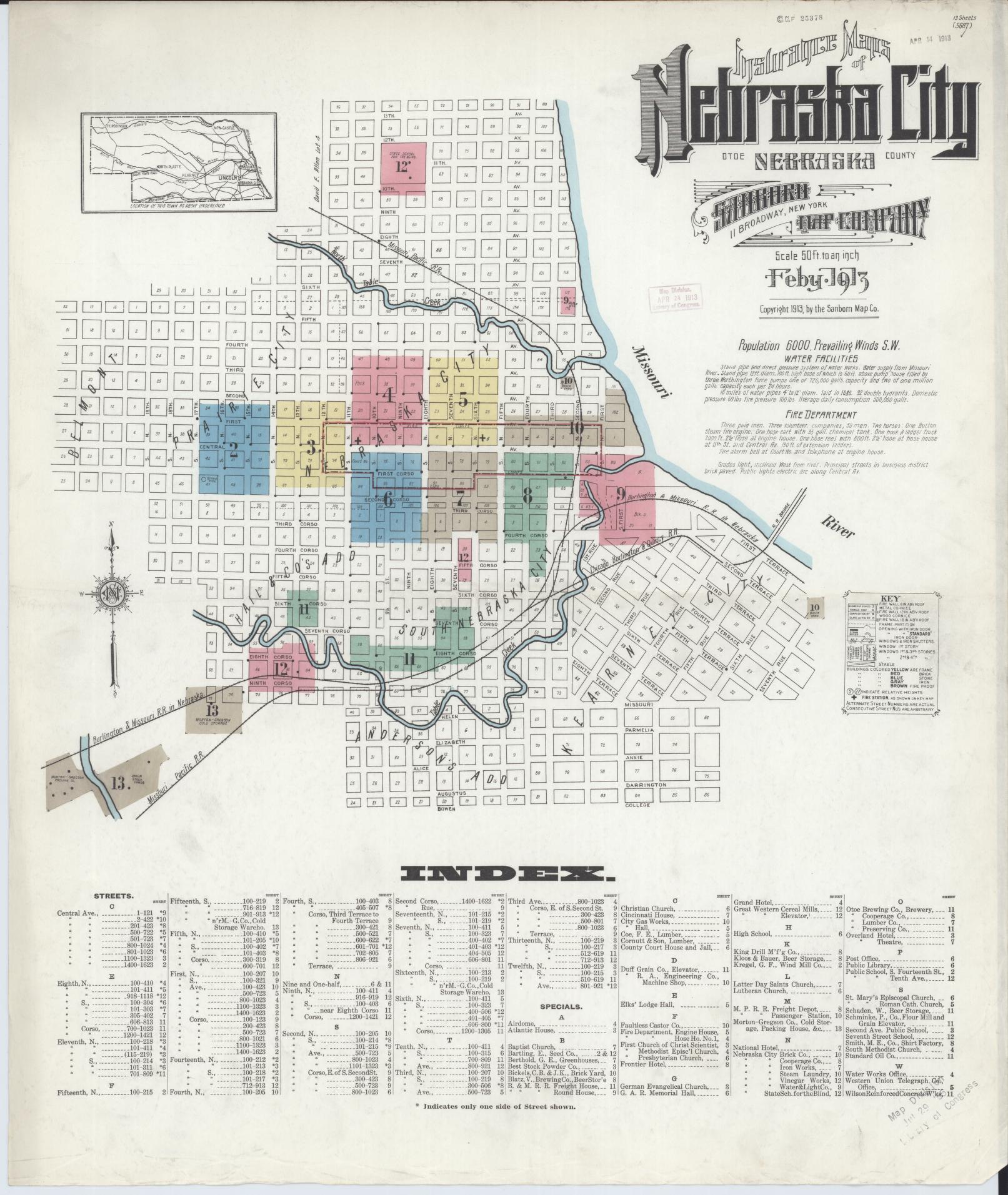 Sanborn Fire Insurance Map from Nebraska City, Otoe County, Nebraska (1913), Sheet #0001 - Historic Sanborn Fire Insurance Map Print, vintage old map wall art, antique decor, genealogy gift, Nebraska Nebraska map