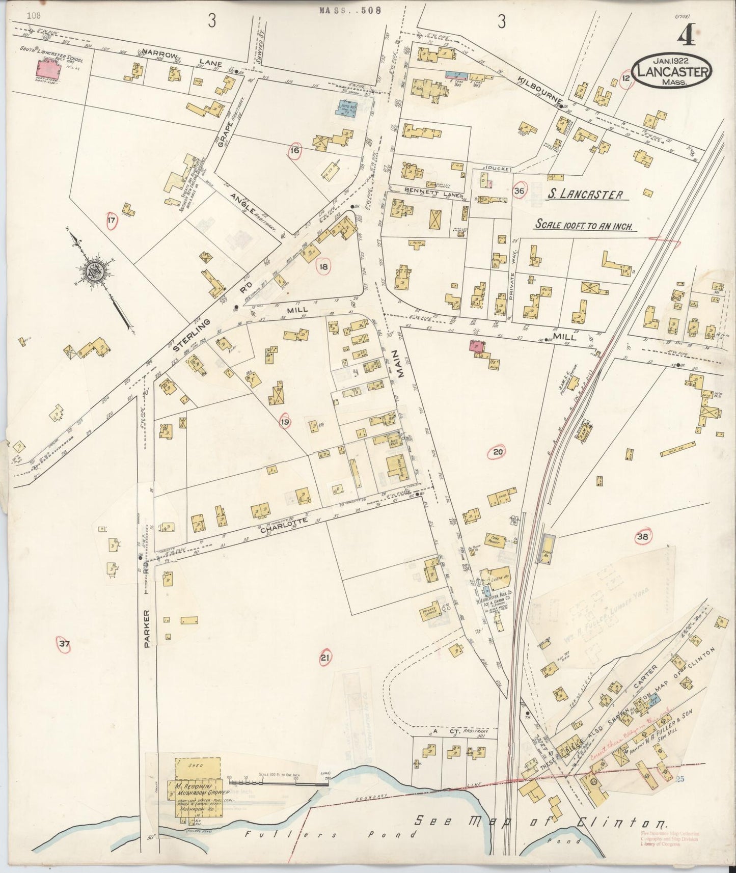 Sanborn Fire Insurance Map from Lancaster, Worcester County, Massachusetts (1945), Sheet #0004 - Historic Sanborn Fire Insurance Map Print, vintage old map wall art, antique decor, genealogy gift, Massachusetts Massachusetts map