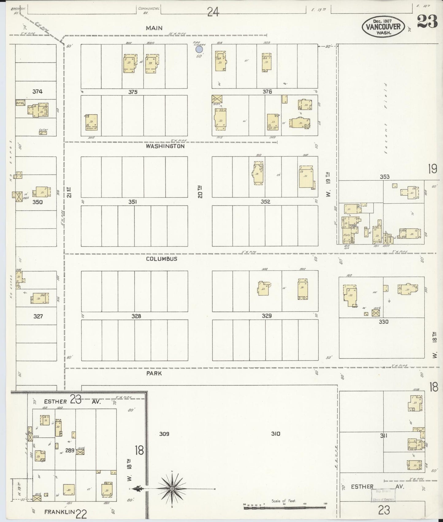 Sanborn Fire Insurance Map from Vancouver, Clark County, Washington (1907), Sheet #0023 - Complete Map Set gallery image, historic Sanborn map, vintage wall art, Washington Washington