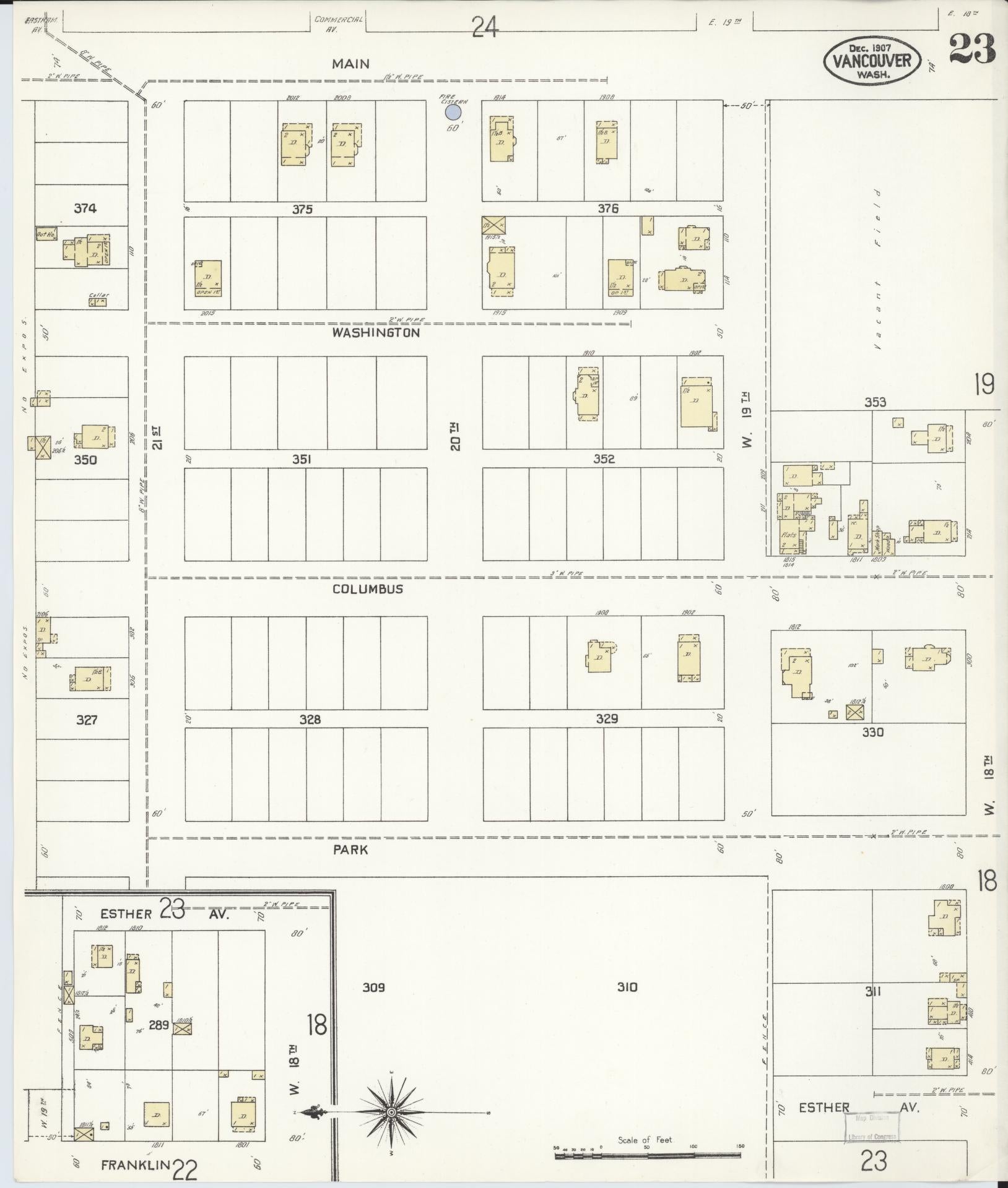 Sanborn Fire Insurance Map from Vancouver, Clark County, Washington (1907), Sheet #0023 - Complete Map Set gallery image, historic Sanborn map, vintage wall art, Washington Washington