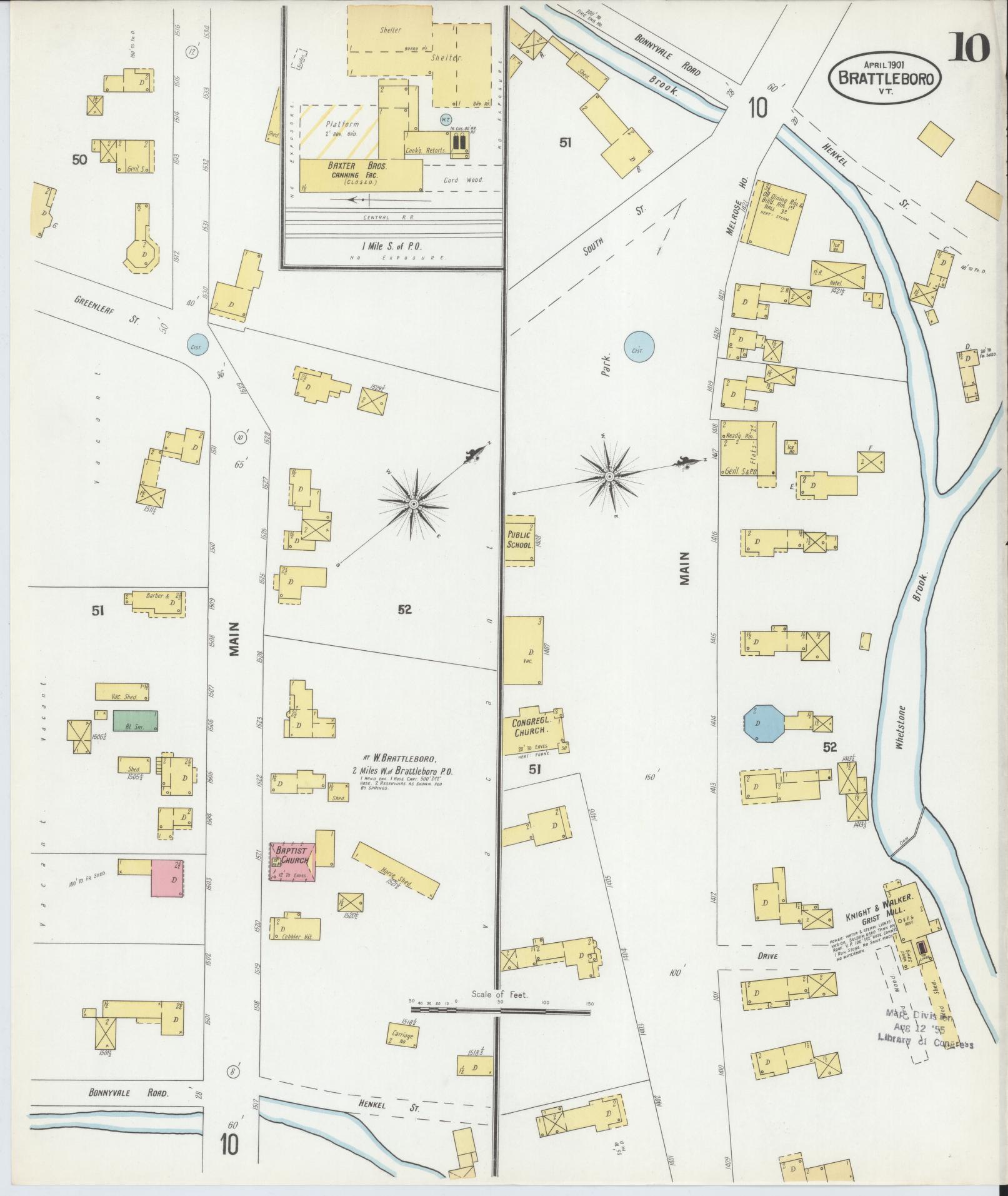 Sanborn Fire Insurance Map from Brattleboro, Windham County, Vermont (1901), Sheet #0010 - Historic Sanborn Fire Insurance Map Print, vintage old map wall art, antique decor, genealogy gift, Vermont Vermont map