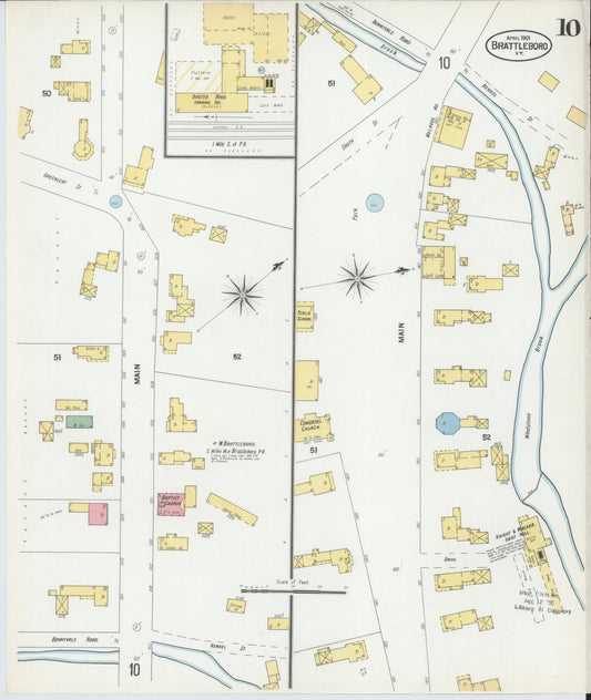 Sanborn Fire Insurance Map from Brattleboro, Windham County, Vermont (1901), Sheet #0010 - Historic Sanborn Fire Insurance Map Print, vintage old map wall art, antique decor, genealogy gift, Vermont Vermont map