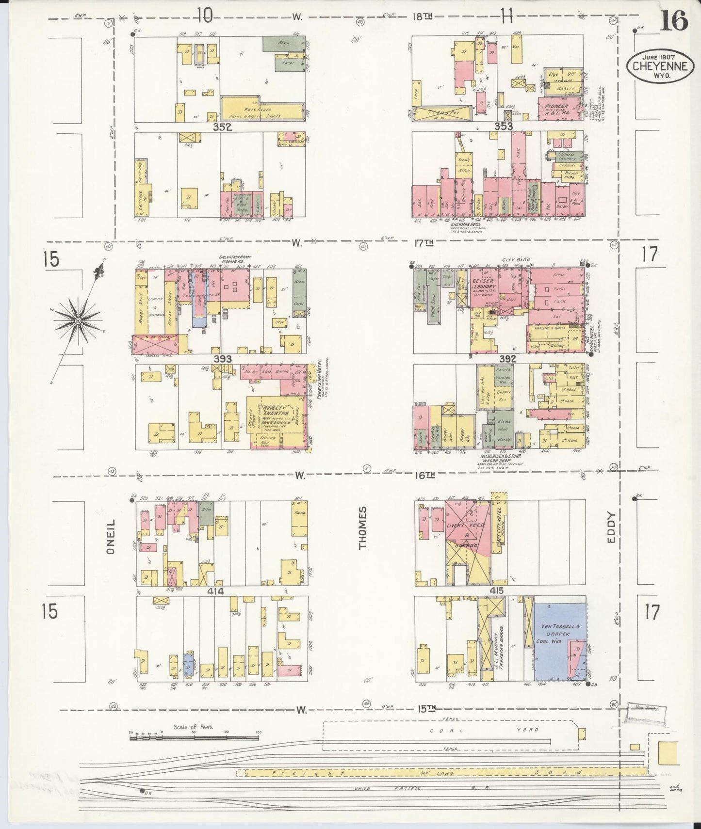 Sanborn Fire Insurance Map from Cheyenne, Laramie County, Wyoming (1907), Sheet #0016 - Complete Map Set gallery image, historic Sanborn map, vintage wall art, Wyoming Wyoming