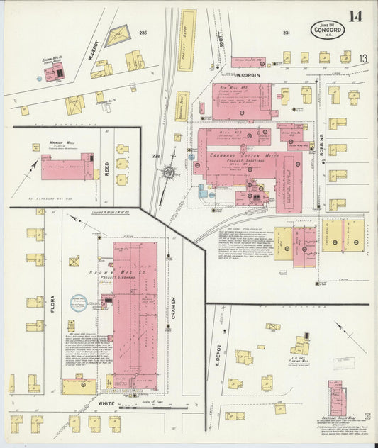 Sanborn Fire Insurance Map from Concord, Cabarrus County, North Carolina (1911), Sheet #0014 - Historic Sanborn Fire Insurance Map Print, vintage old map wall art, antique decor, genealogy gift, North Carolina North Carolina map