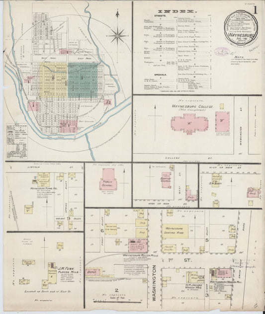 Sanborn Fire Insurance Map from Waynesburg, Greene County, Pennsylvania (1886), Sheet #0001 - Historic Sanborn Fire Insurance Map Print, vintage old map wall art, antique decor, genealogy gift, Pennsylvania Pennsylvania map