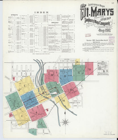 Sanborn Fire Insurance Map from Saint Marys, Auglaize County, Ohio (1907), Sheet #0001 - Historic Sanborn Fire Insurance Map Print, vintage old map wall art, antique decor, genealogy gift, Ohio Ohio map