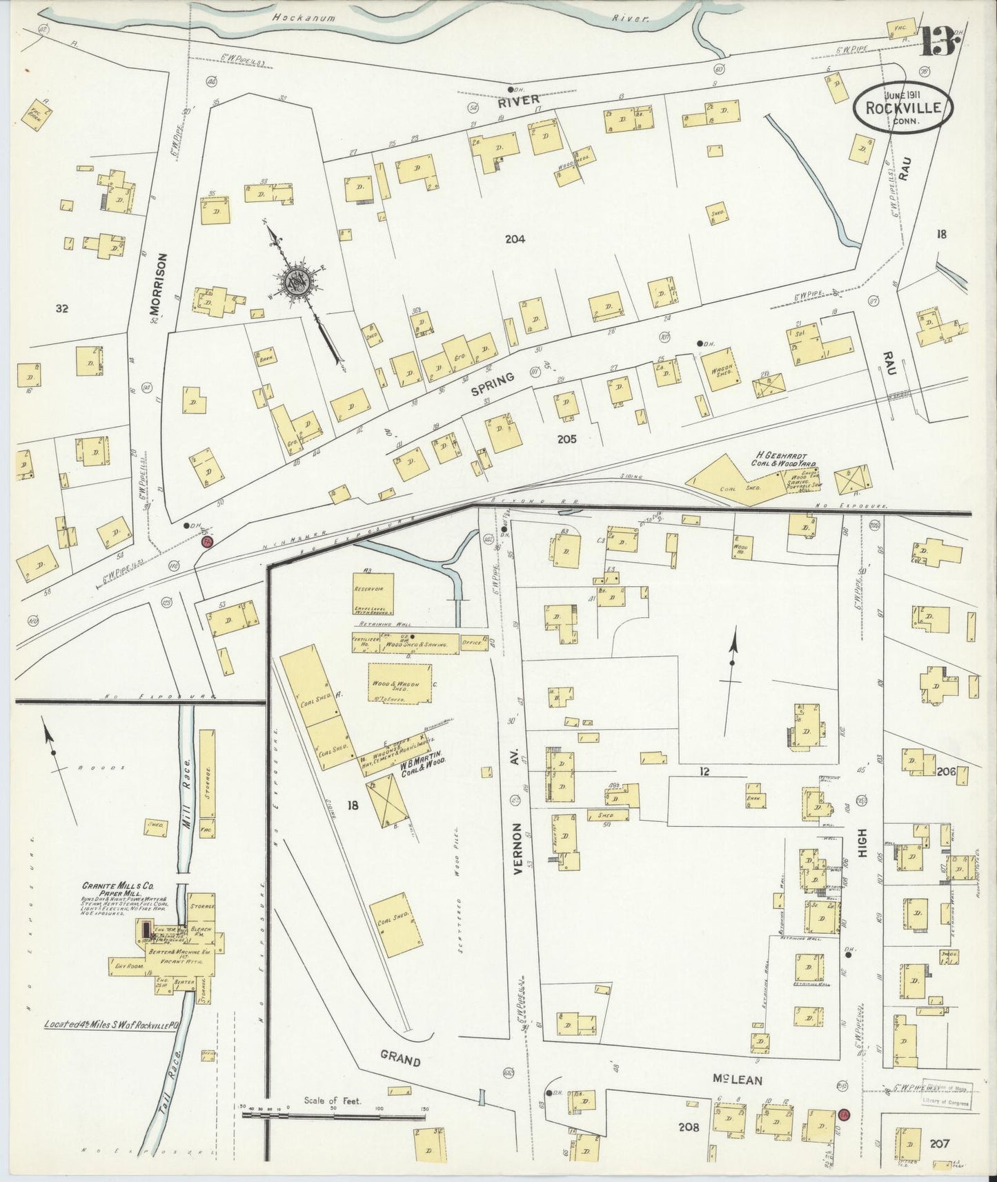 Sanborn Fire Insurance Map from Rockville, Tolland County, Connecticut (1911), Sheet #0013 - Complete Map Set gallery image, historic Sanborn map, vintage wall art, Connecticut Connecticut