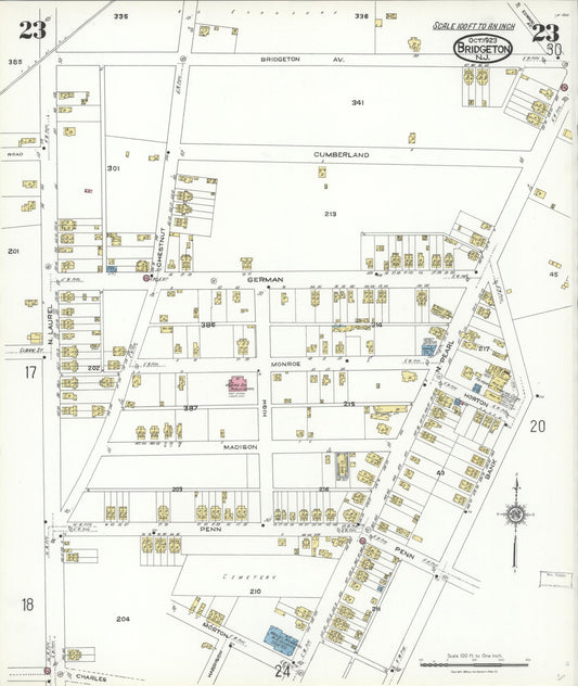 Sanborn Fire Insurance Map from Bridgeton, Cumberland County, New Jersey (1923), Sheet #0023 - Historic Sanborn Fire Insurance Map Print, vintage old map wall art, antique decor, genealogy gift, New Jersey New Jersey map