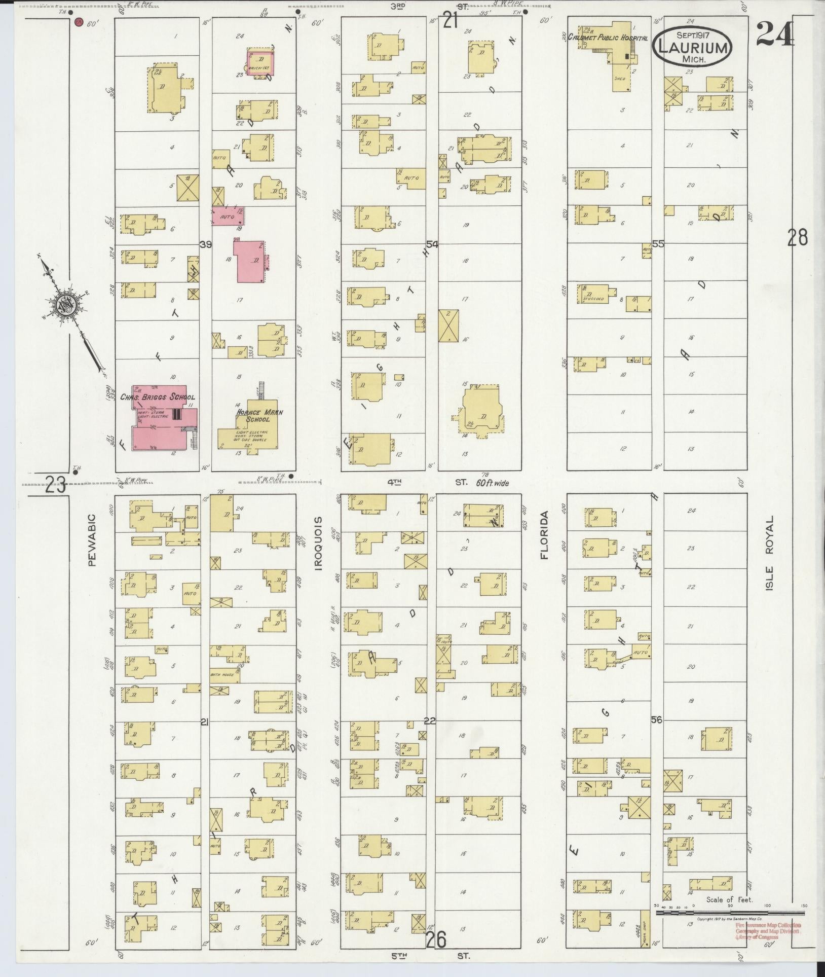 Sanborn Fire Insurance Map from Laurium, Houghton County, Michigan (1917), Sheet #0024 - Complete Map Set gallery image, historic Sanborn map, vintage wall art, Michigan Michigan