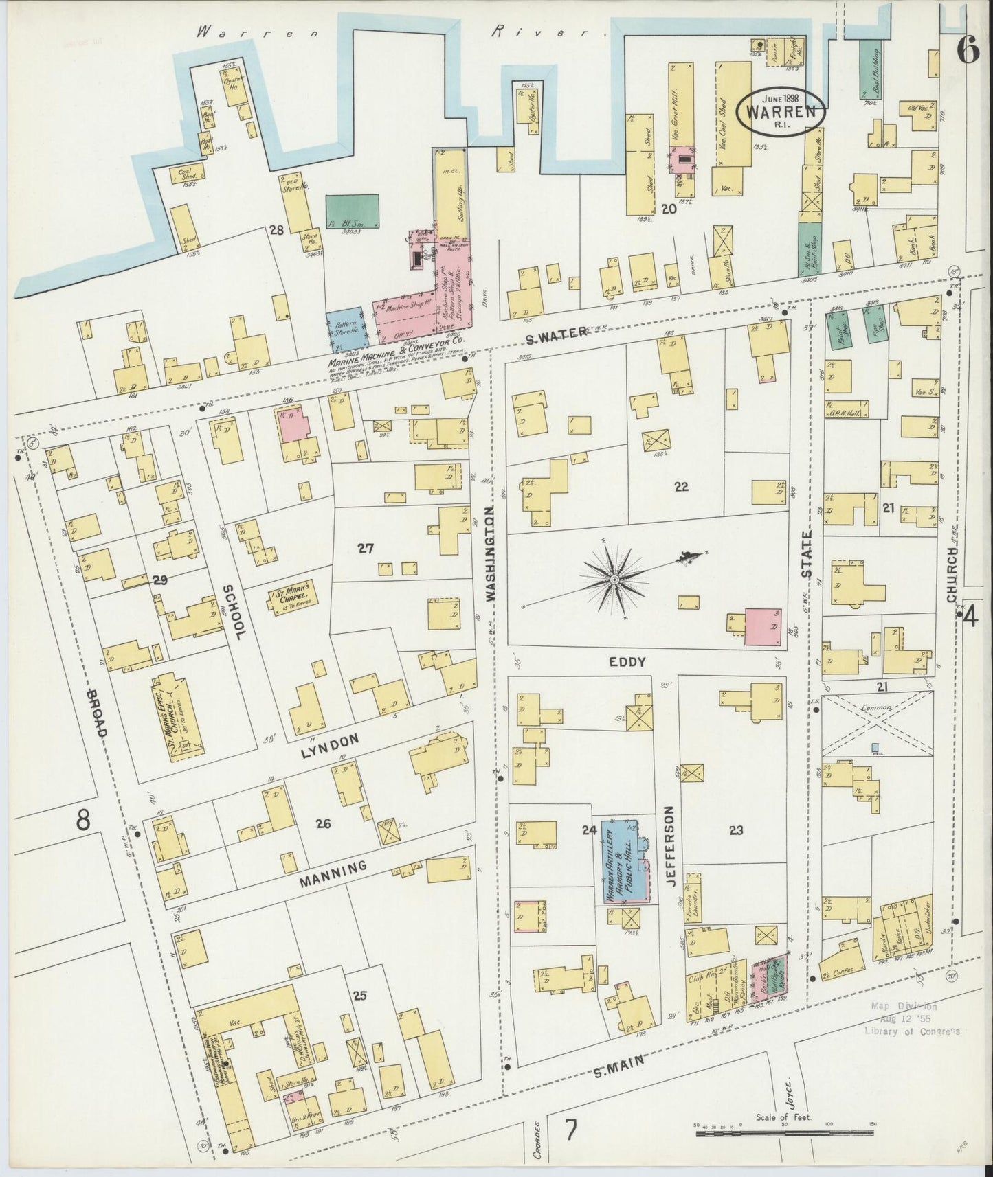 Sanborn Fire Insurance Map from Warren, Bristol County, Rhode Island (1898), Sheet #0006 - Historic Sanborn Fire Insurance Map Print, vintage old map wall art, antique decor, genealogy gift, Rhode Island Rhode Island map