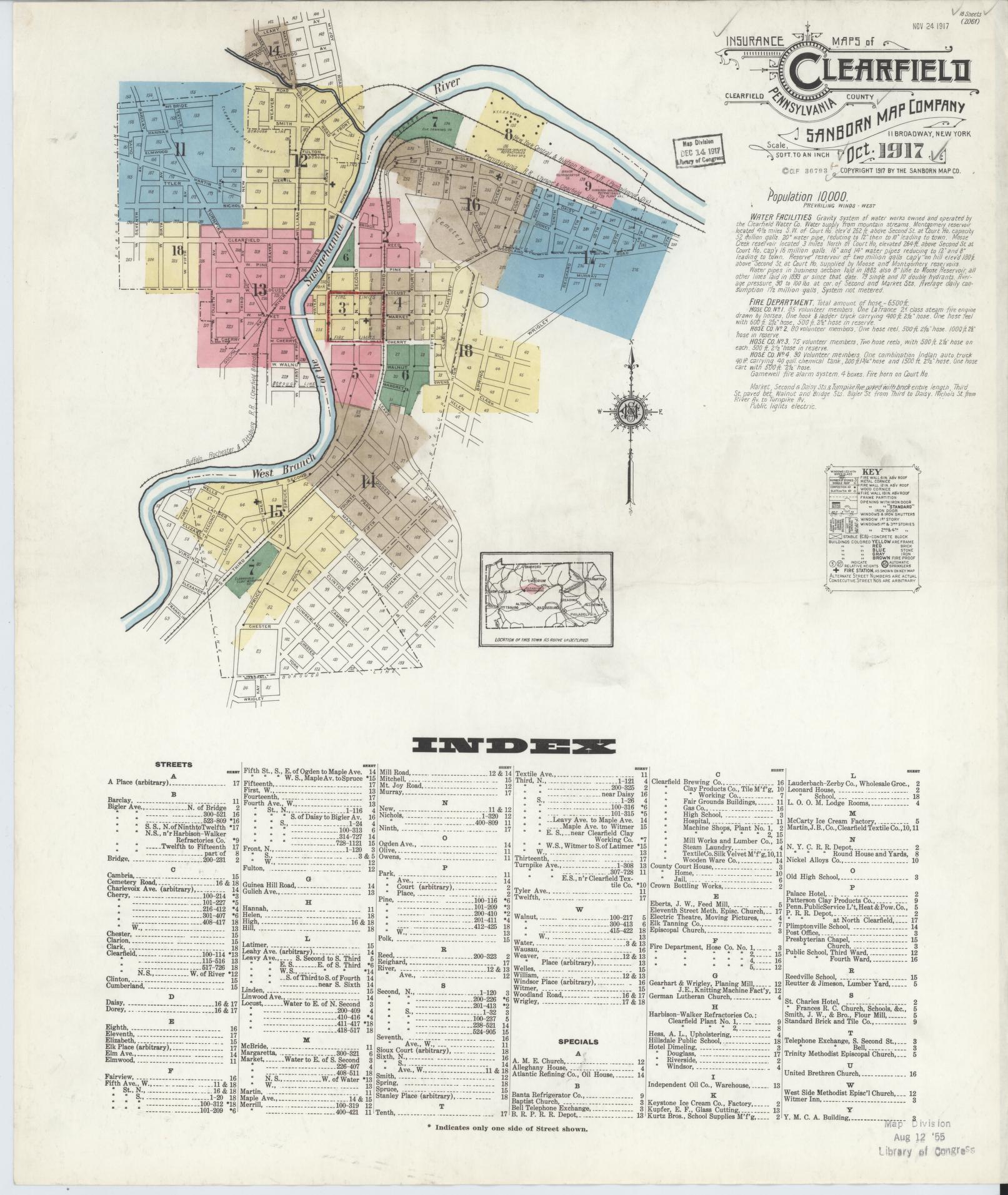 Sanborn Fire Insurance Map from Clearfield, Clearfield County, Pennsylvania (1917), Sheet #0001 - Historic Sanborn Fire Insurance Map Print, vintage old map wall art, antique decor, genealogy gift, Pennsylvania Pennsylvania map