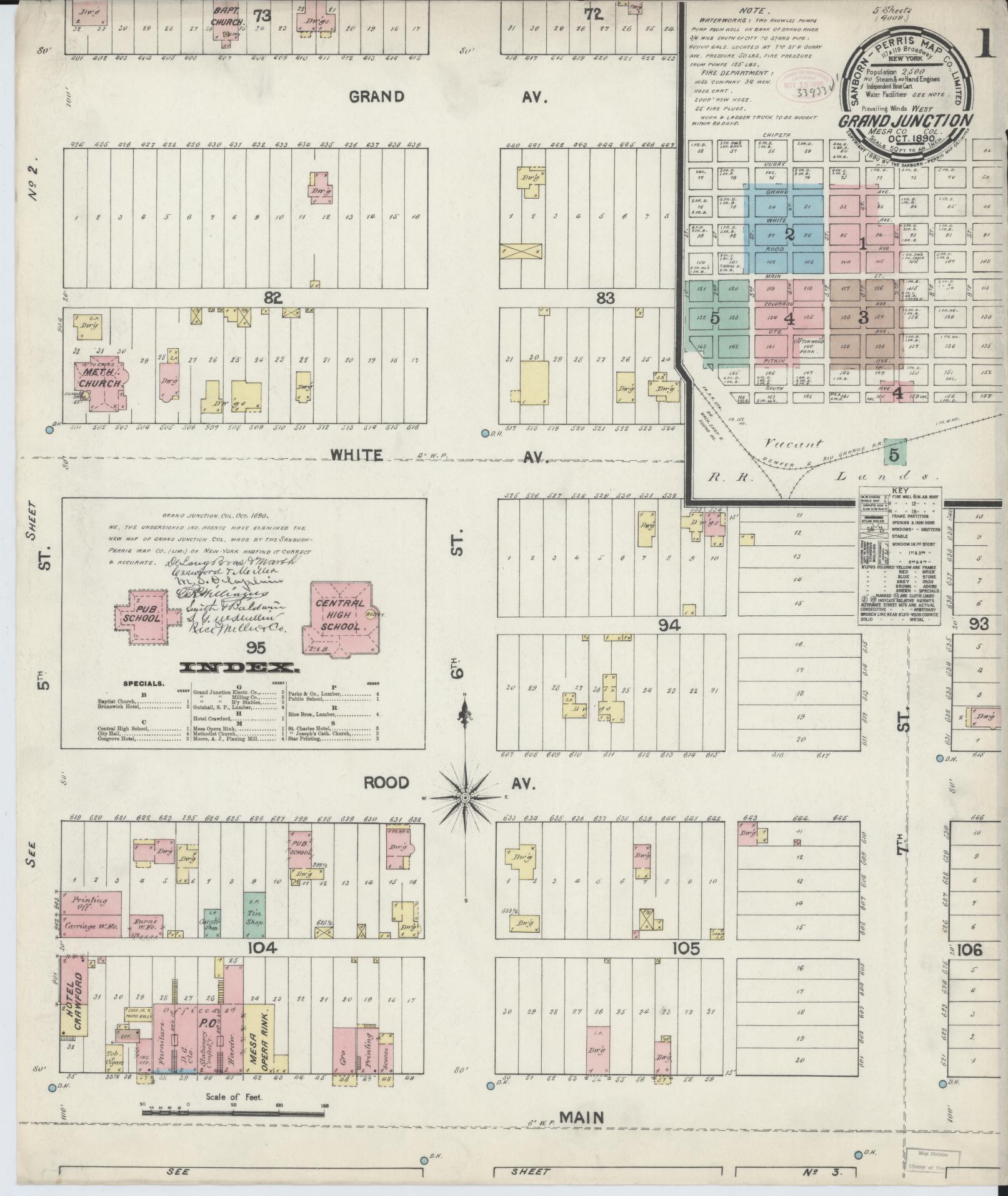 Sanborn Fire Insurance Map from Grand Junction, Mesa County, Colorado (1890), Sheet #0001 - Historic Sanborn Fire Insurance Map Print, vintage old map wall art, antique decor, genealogy gift, Colorado Colorado map