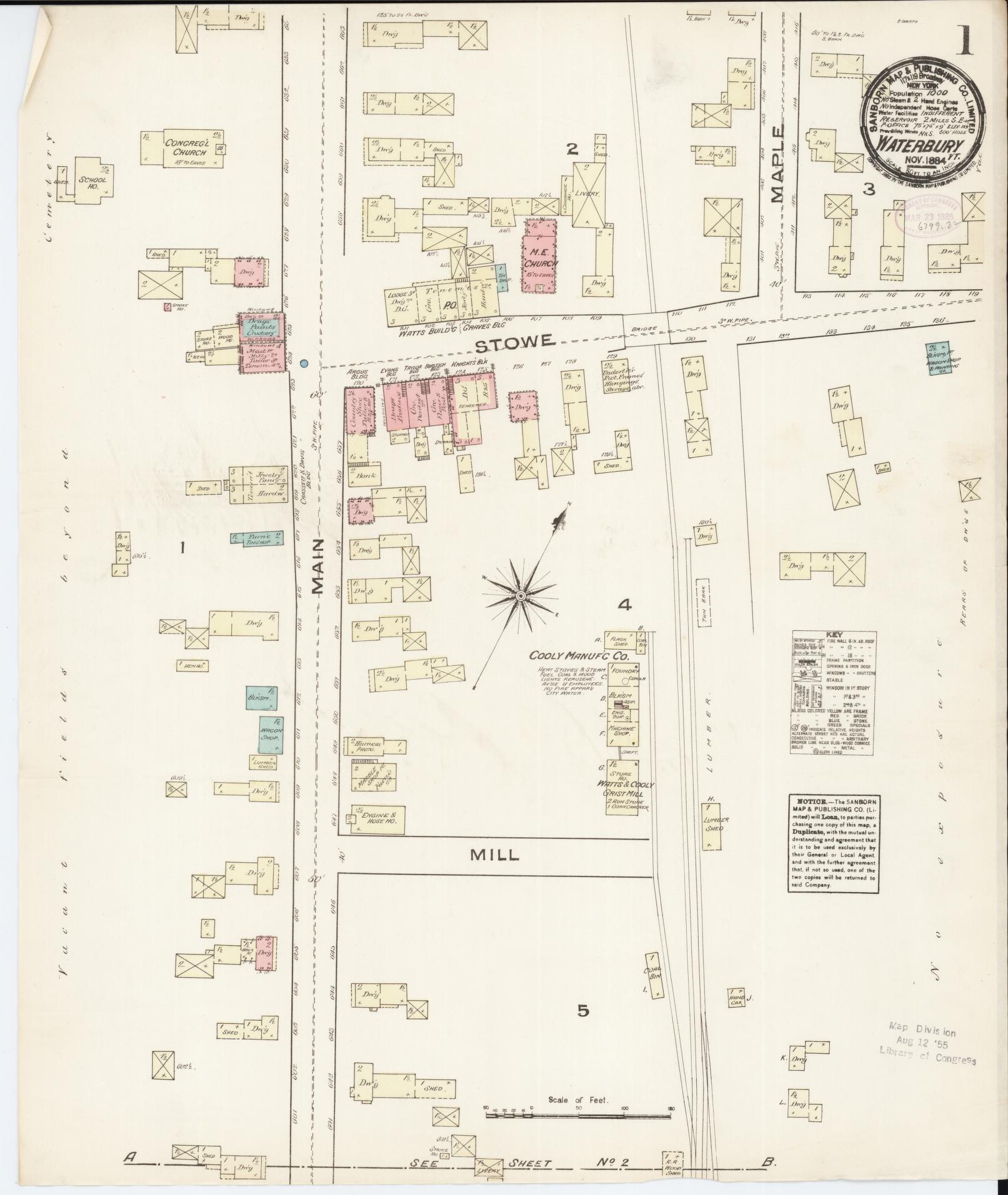 Sanborn Fire Insurance Map from Waterbury, Washington County, Vermont. (1884) – Historic Sanborn Fire Insurance Map Print