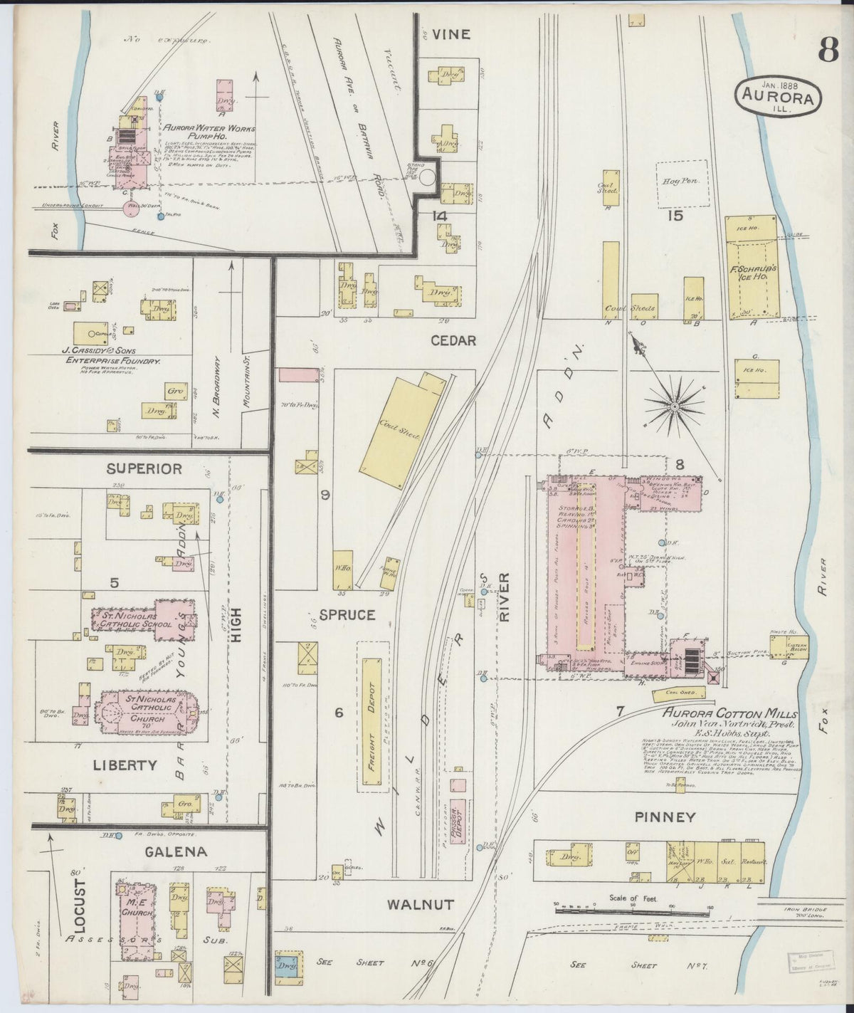 Sanborn Fire Insurance Map from Aurora, Kane County, Illinois (1888), Sheet #0008 - Complete Map Set gallery image, historic Sanborn map, vintage wall art, Illinois Illinois