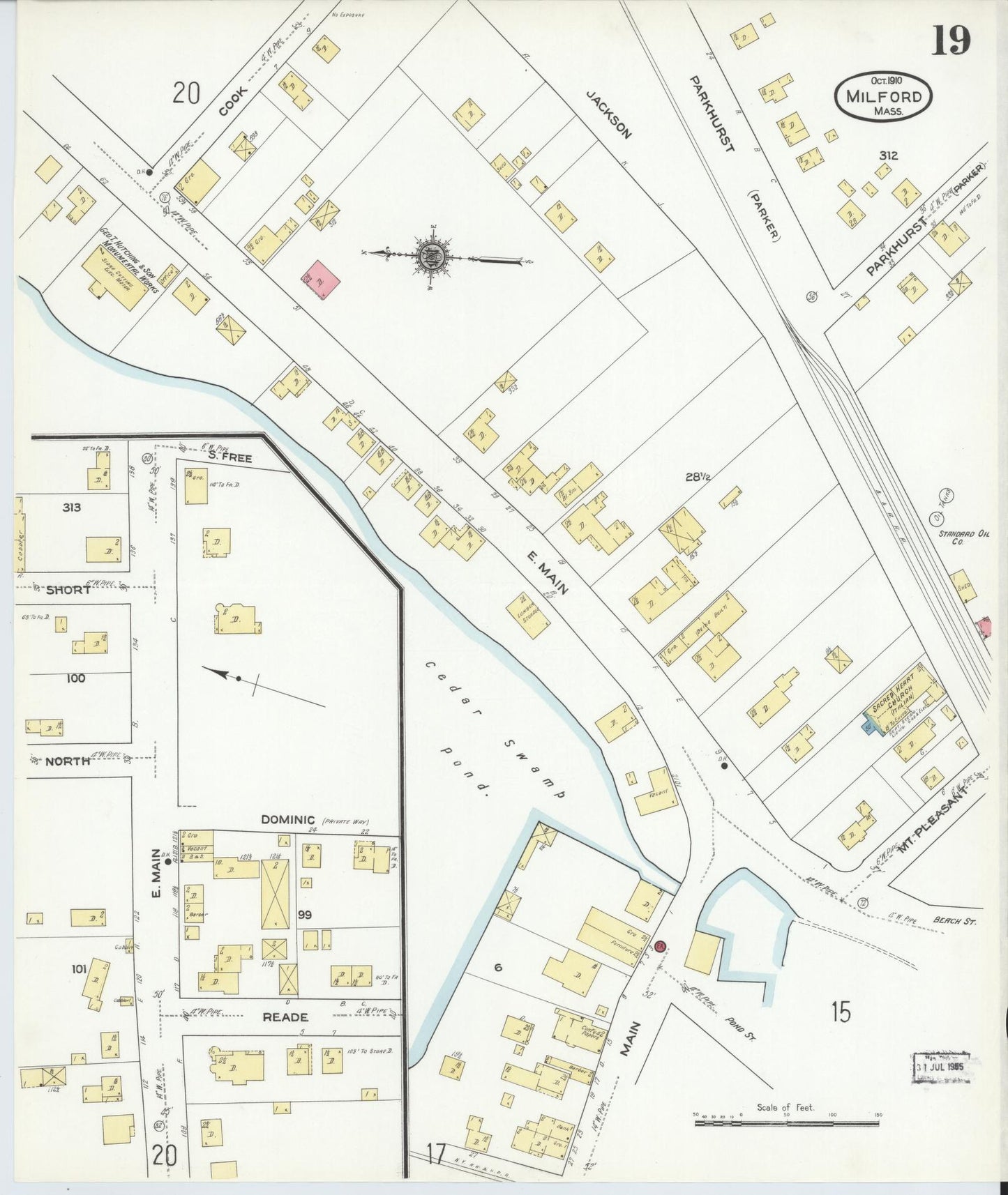 Sanborn Fire Insurance Map from Milford, Worcester County, Massachusetts (1910), Sheet #0019 - Historic Sanborn Fire Insurance Map Print, vintage old map wall art, antique decor, genealogy gift, Massachusetts Massachusetts map