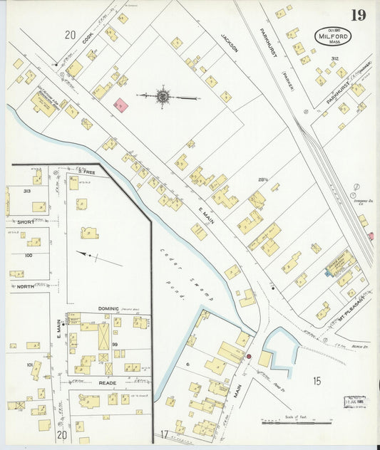 Sanborn Fire Insurance Map from Milford, Worcester County, Massachusetts (1910), Sheet #0019 - Historic Sanborn Fire Insurance Map Print, vintage old map wall art, antique decor, genealogy gift, Massachusetts Massachusetts map