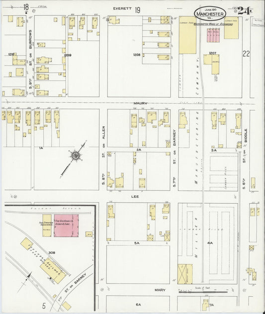 Sanborn Fire Insurance Map from Manchester, Chesterfield County, Virginia (1910), Sheet #0024 - Historic Sanborn Fire Insurance Map Print, vintage old map wall art, antique decor, genealogy gift, Virginia Virginia map
