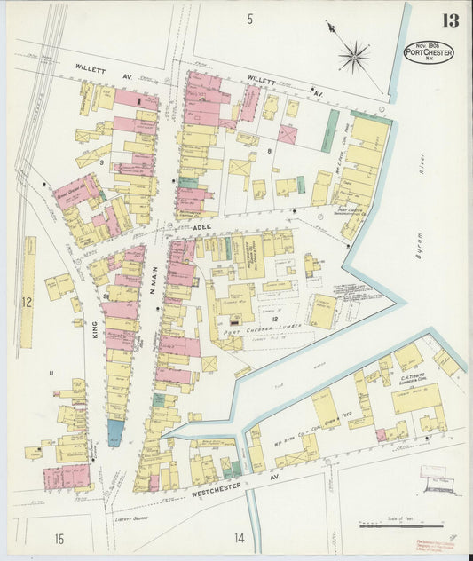Sanborn Fire Insurance Map from Port Chester, Westchester County, New York (1908), Sheet #0013 - Historic Sanborn Fire Insurance Map Print, vintage old map wall art, antique decor, genealogy gift, New York New York map