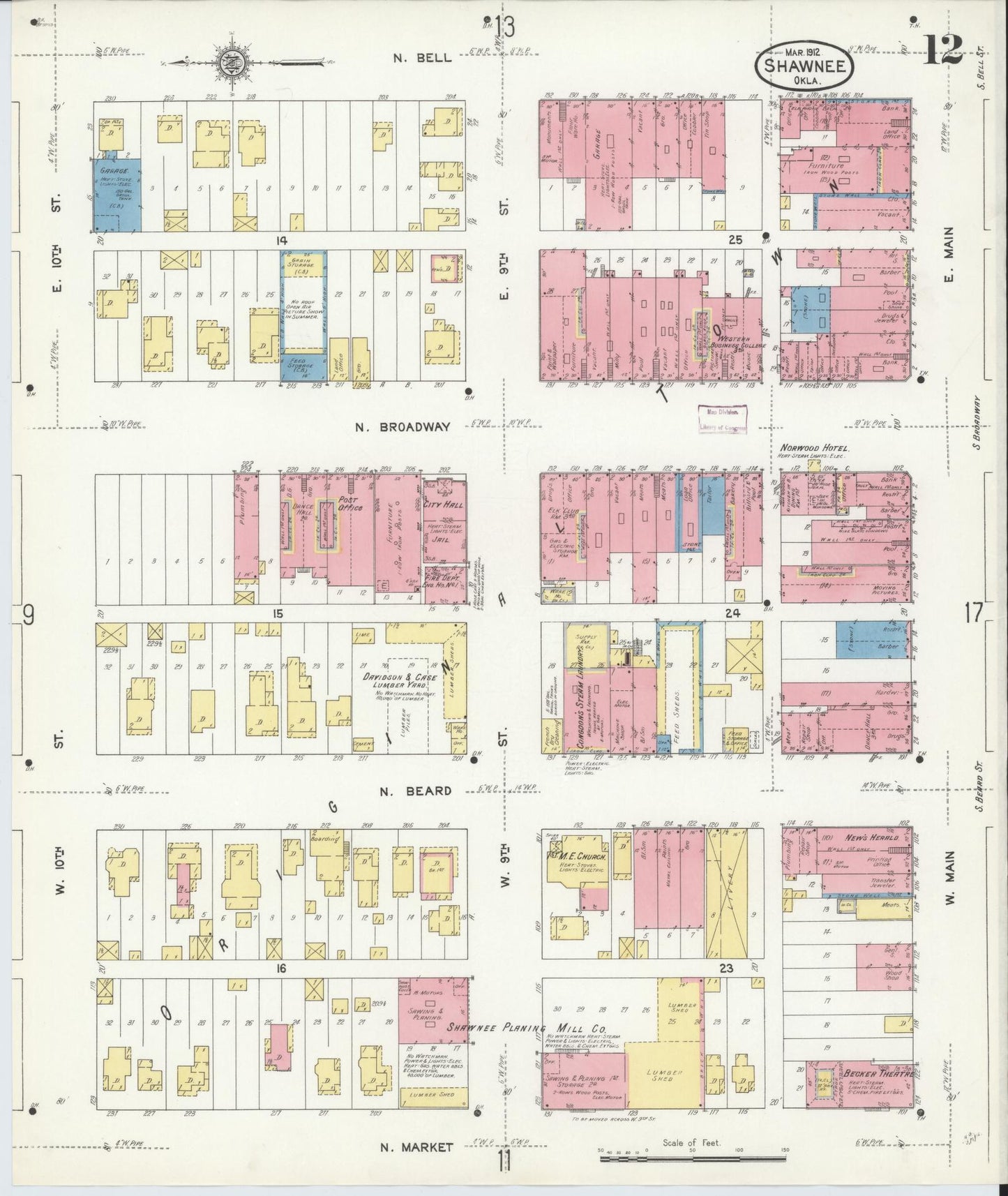 Sanborn Fire Insurance Map from Shawnee, Pottawatomie County, Oklahoma (1912), Sheet #0012 - Complete Map Set gallery image, historic Sanborn map, vintage wall art, Oklahoma Oklahoma